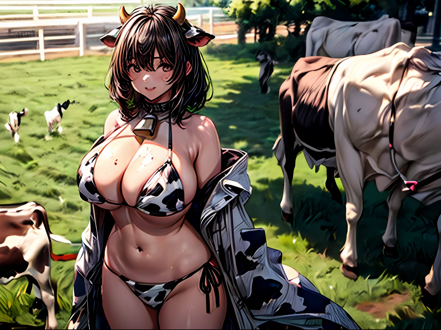 ((during daytime、top-quality、8K、masterpiece:1.3)), Whole human body, (cow girl、Colossal tits:1.4), , (A dark-haired、bobhair:1.3)、(Cow print bikini:1.3)、Standing、Pasture、lawn、3D Characters、SD Model、Highly detailed facial and skin texture, 二重まぶた、Bokeh background、