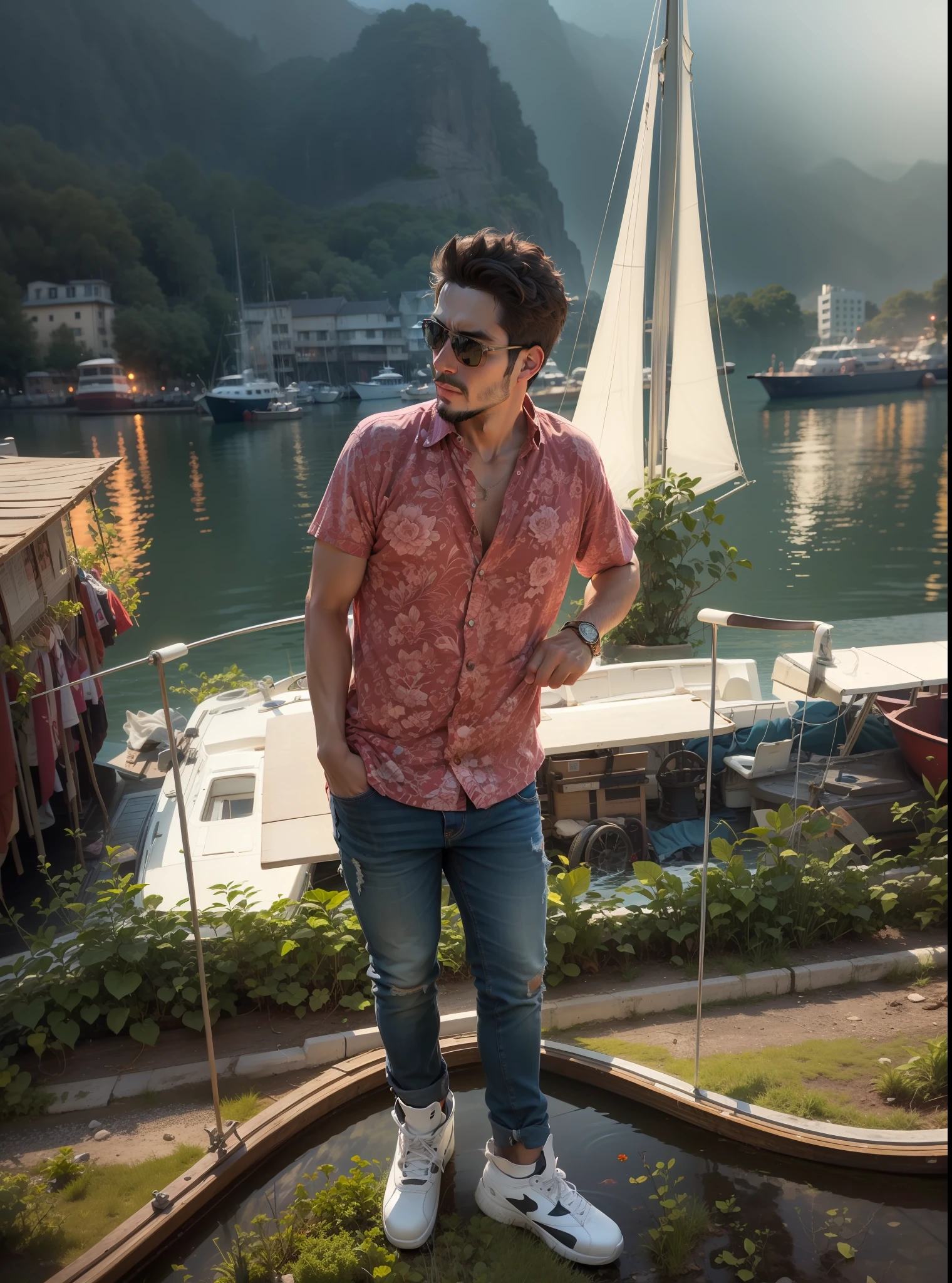 change background to a boat and wear sunglass and change the shirt