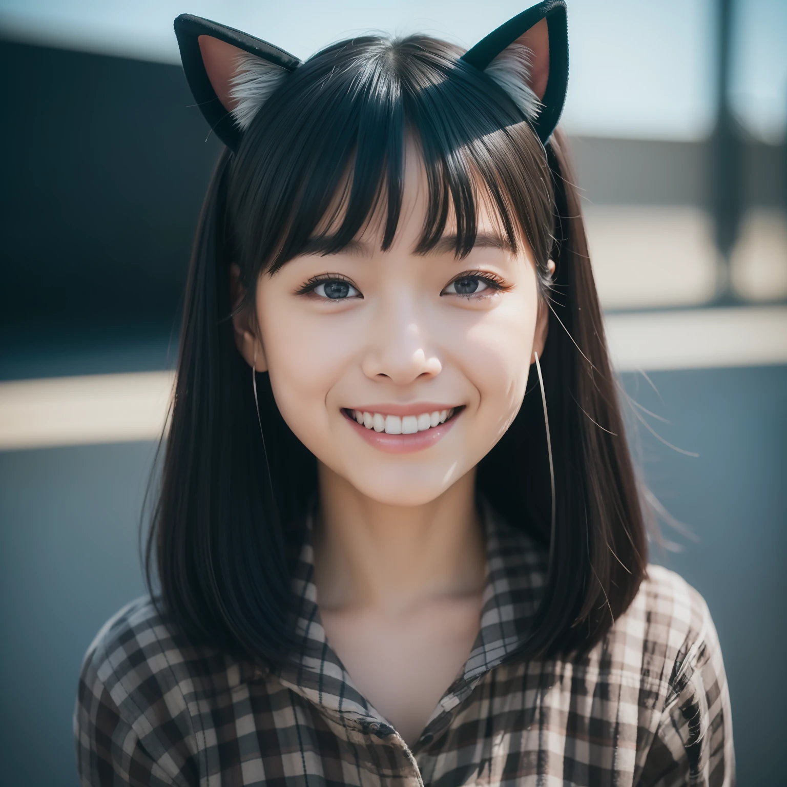 Black hair, hair bobbles, wince, longeyelashes, Solid Circle Eyes, Fake animal ears, lightsmile, ear blush, tusk, surrealism, drop shadow, anaglyph, stereograms, Tachi-e,  Atmospheric perspective, One-person viewpoint, F/1.8, canon, 8K, Super Detail, ccurate, Best Quality, 4K