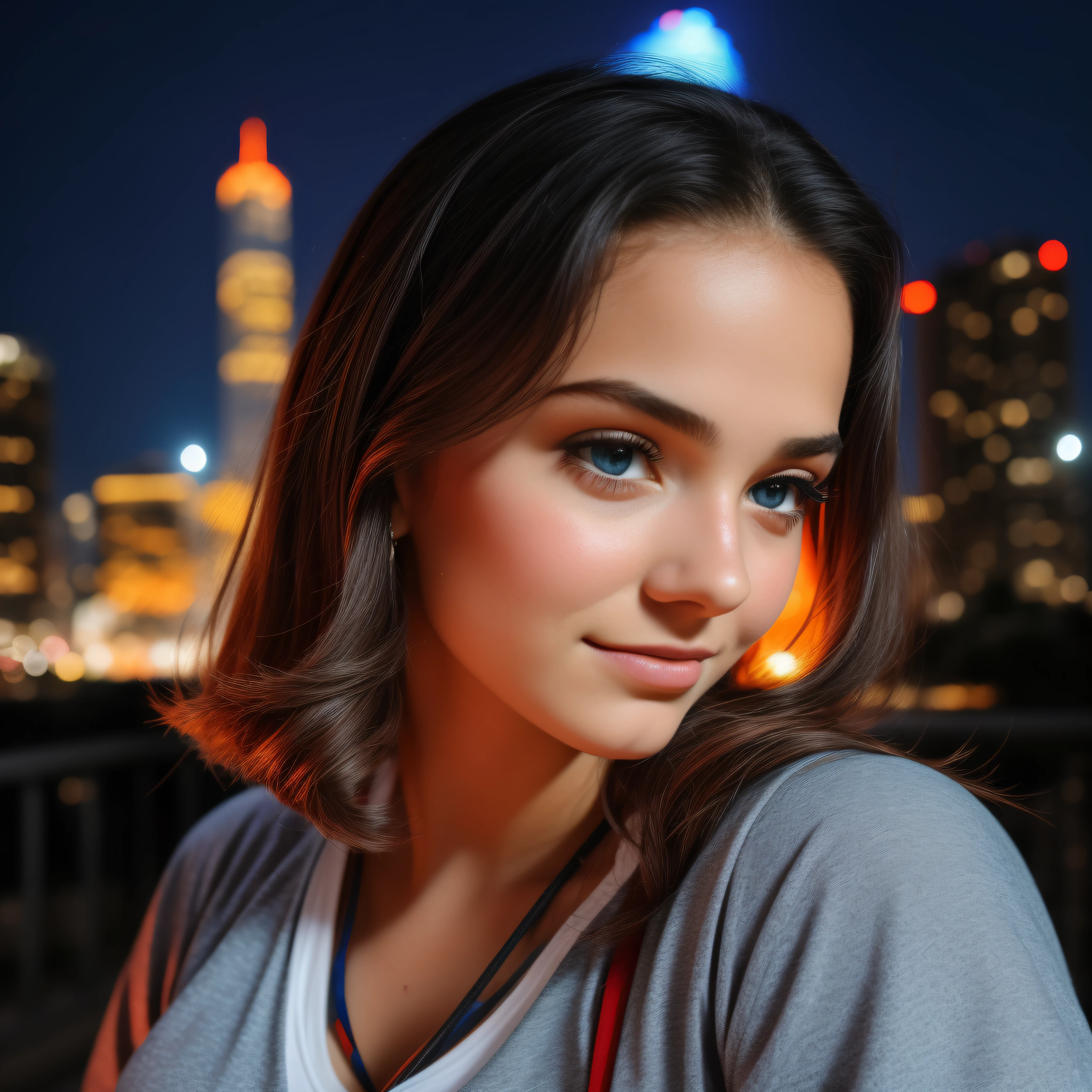 menina branca bonita de 15 anos com cabelo branco longo e com grandes olhos azuis bem juntos horizontalmente ao nariz ,rosto com formato redondo, com bochechas rosadas, com jaqueta preta,blusa preta,de batom vermelho,With cord with bitcoin symbol , in 100k resolution, in a city at night full of buildings illuminated with blue and red lights