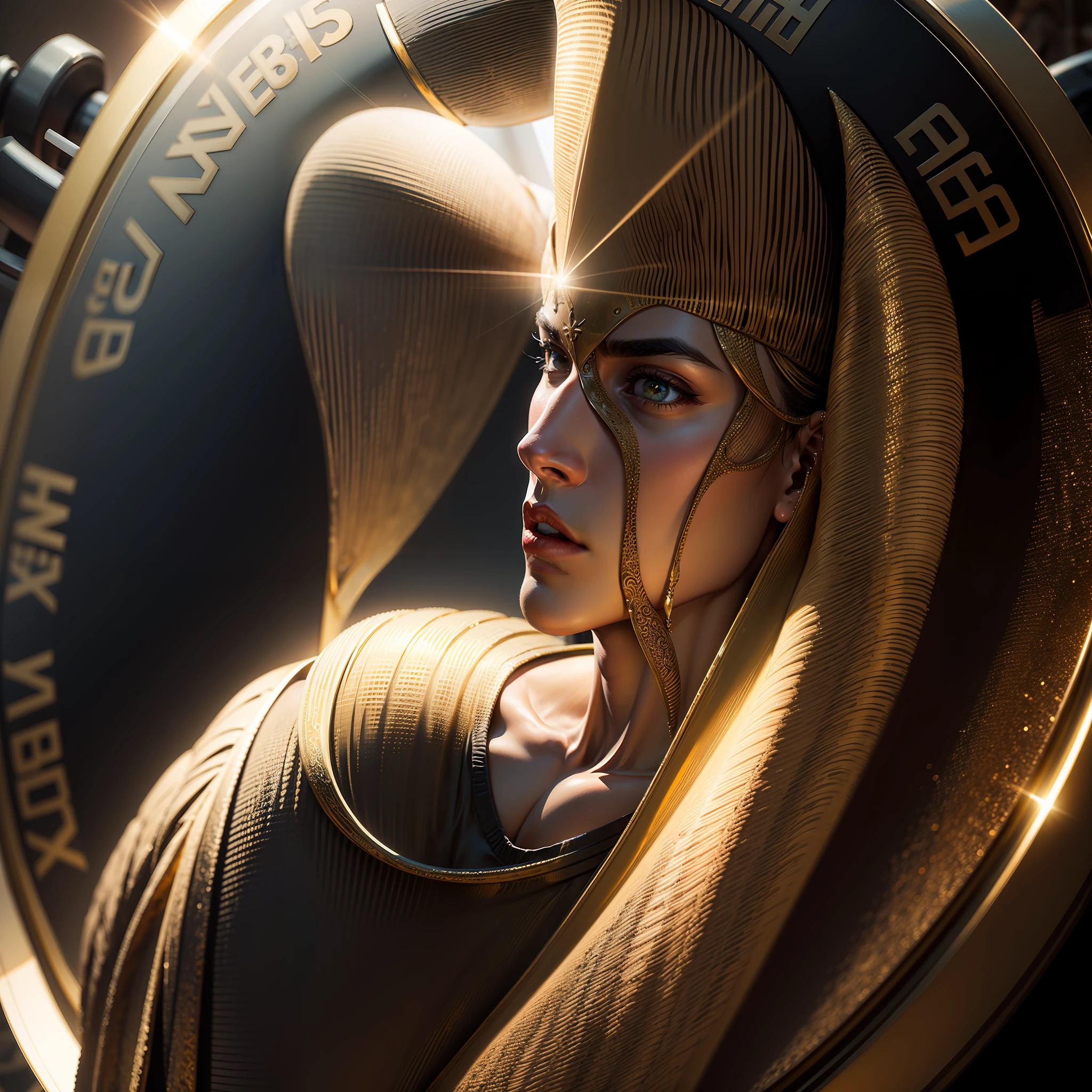 The Greek hero Perseus, dramatic stance, reflected in a shining polished bronze shield, on rocky seashore, photorealistic, bokeh, ray tracing, depth of field, Tyndall effect