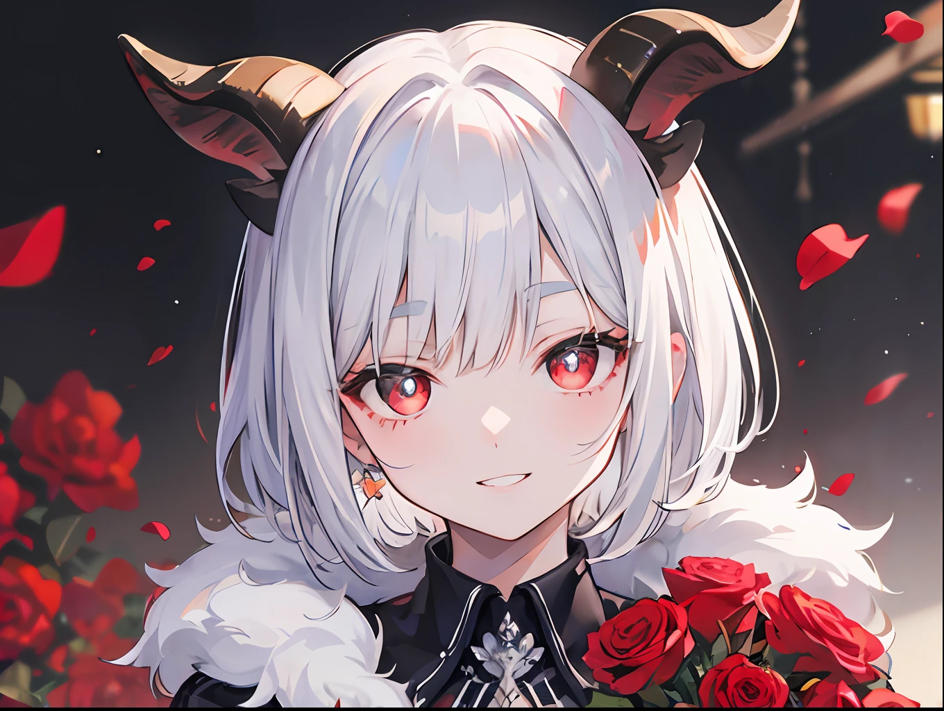 (masterpiece), best quality, expressive eyes, perfect face, 1girl, young, childish, tiny chest, red eyes with horizontal pupils, long eyelashes, white thick eyebrows, fluffy white goat ears, black goat horns, short white curled up bob hair with long strands, large red sweater with shirt collar, red plaid skirt, black leggings, half body, holding bouquet of roses, black gloves, outside, smile, buck teeth, front-faced, delicate figure, (portrait)
