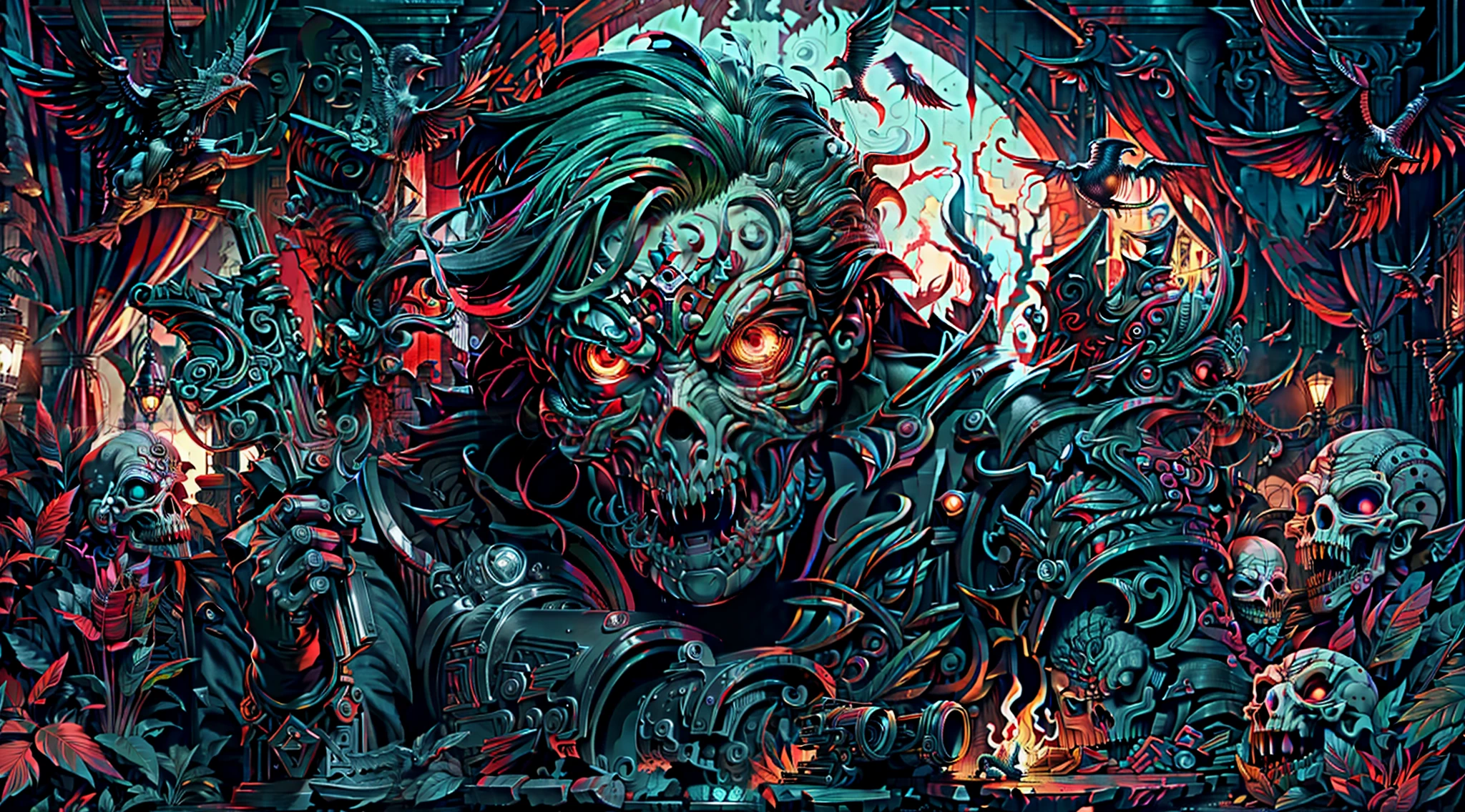 ACAB album cover, con un hombre con cara de calavera y cresta de gallo color roja,Moonlight holding an art-style engraving gun, Monocromo, cold colors. artistic style of engraving, cold colors. Arte lineal, Monocromo, temor, Gothic, horror, surrealista, terror, miedo, Dispair, Monstruoso humanoide, fantasy, dreamlike, dramatic