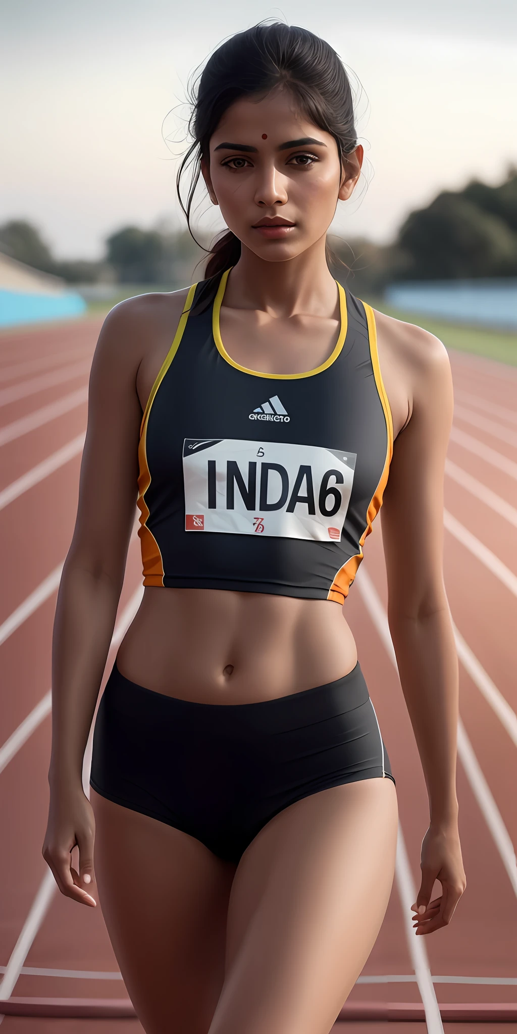 beautiful mature Indian college girl, in track outfit, outside on track field, ((slim, petite)), photorealistic, photo, masterpiece, realistic, realism, photorealism, high contrast, photorealistic digital art trending on Artstation 8k HD high definition detailed realistic, detailed, skin texture, hyper detailed, realistic skin texture, armature, best quality, ultra high res, (photorealistic:1.4),, high resolution, detailed, raw photo, sharp re, by lee jeffries nikon d850 film stock photograph 4 kodak portra 400 camera f1.6 lens rich colors hyper realistic lifelike texture dramatic lighting unrealengine trending on artstation cinestill 800,