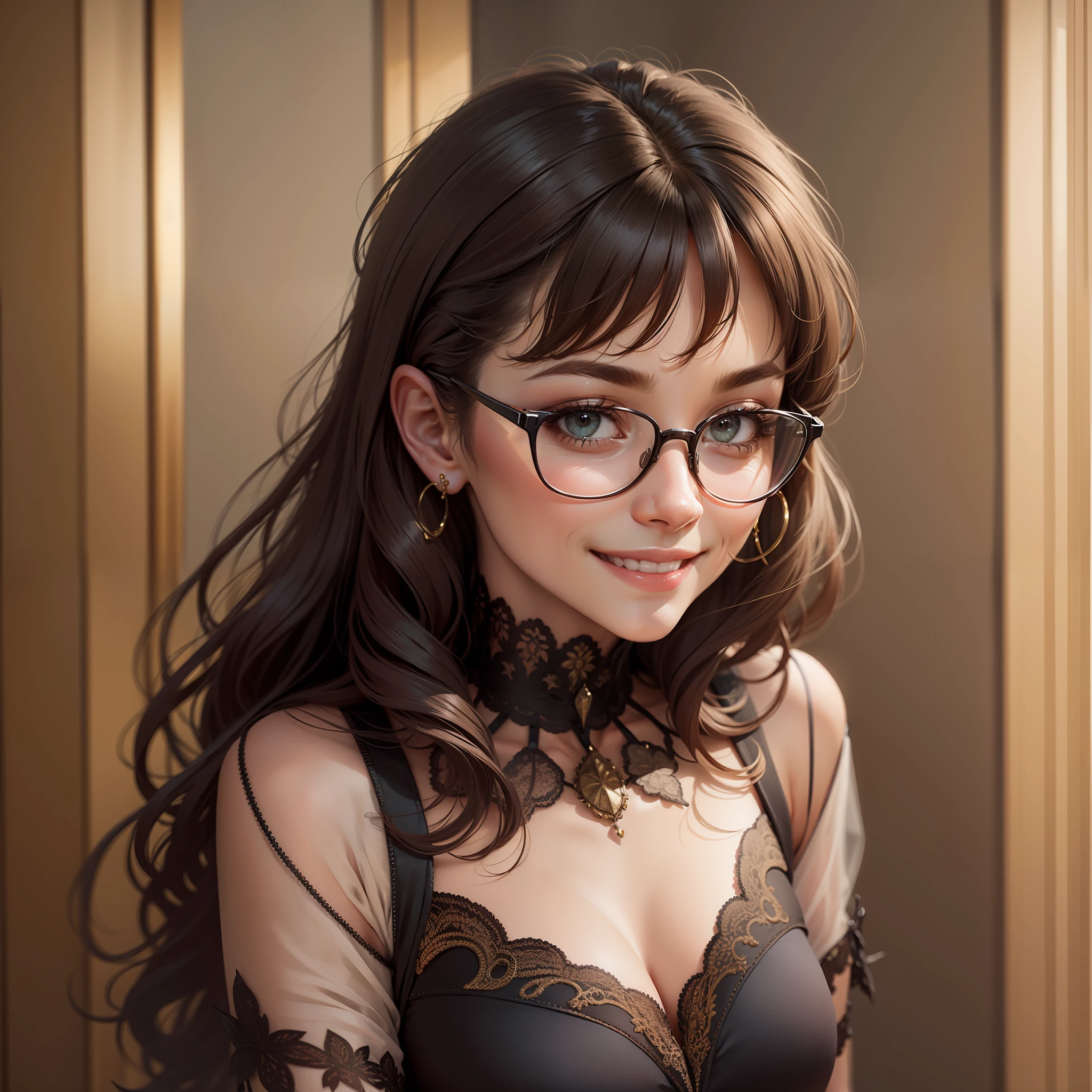 portrait of a woman, expensive dress, embarrassed smile, glasses