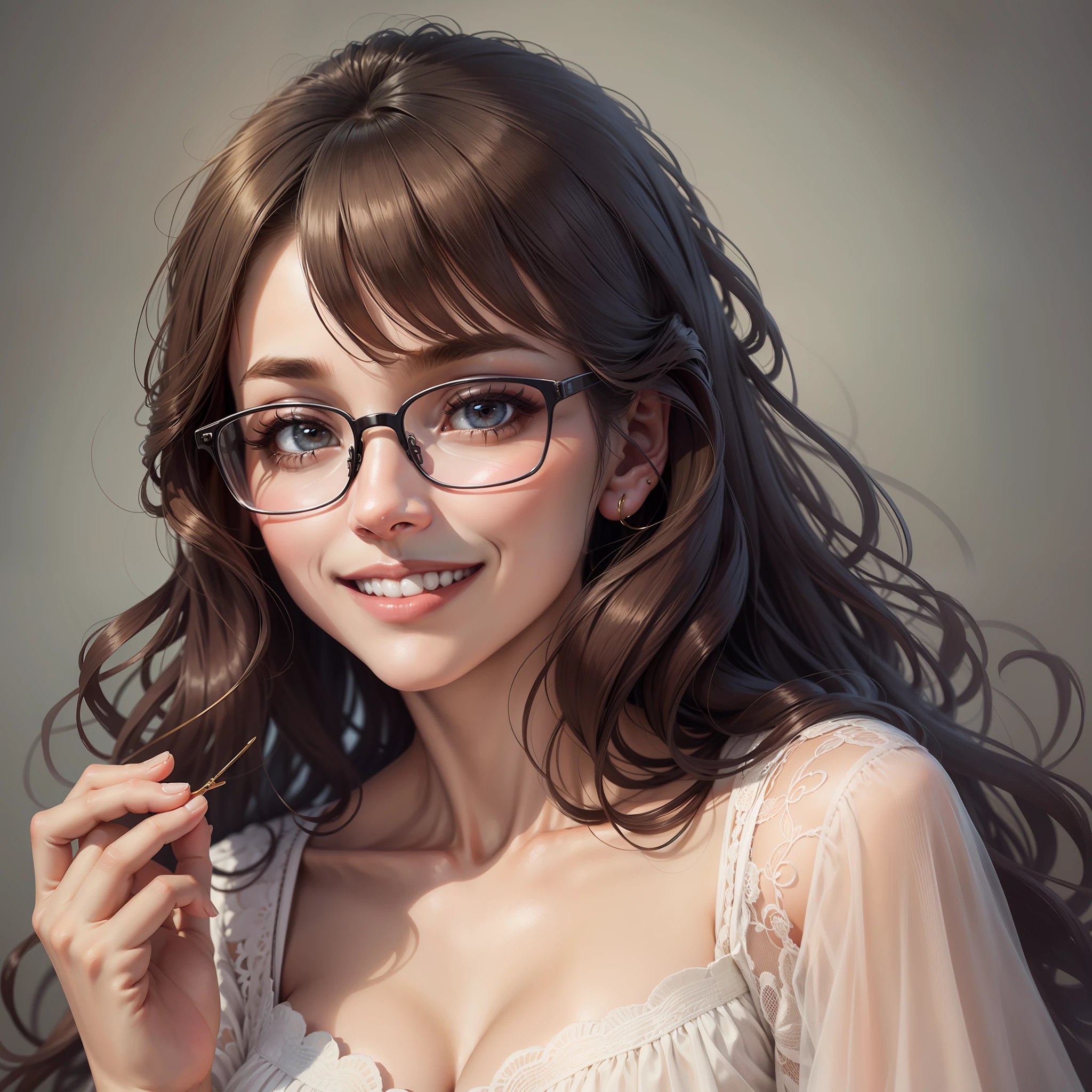 portrait of a woman, expensive dress, embarrassed smile, glasses
