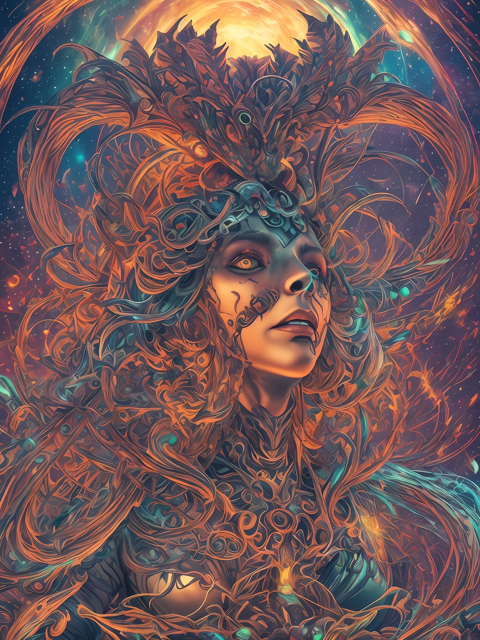 a big bizarre humanoid queen monster withi mystic powers of old spiritual kingdom, full vibrant color cosmic horror psy art, ultra realistic magic realism, 8k 3d, octane render --auto --s2