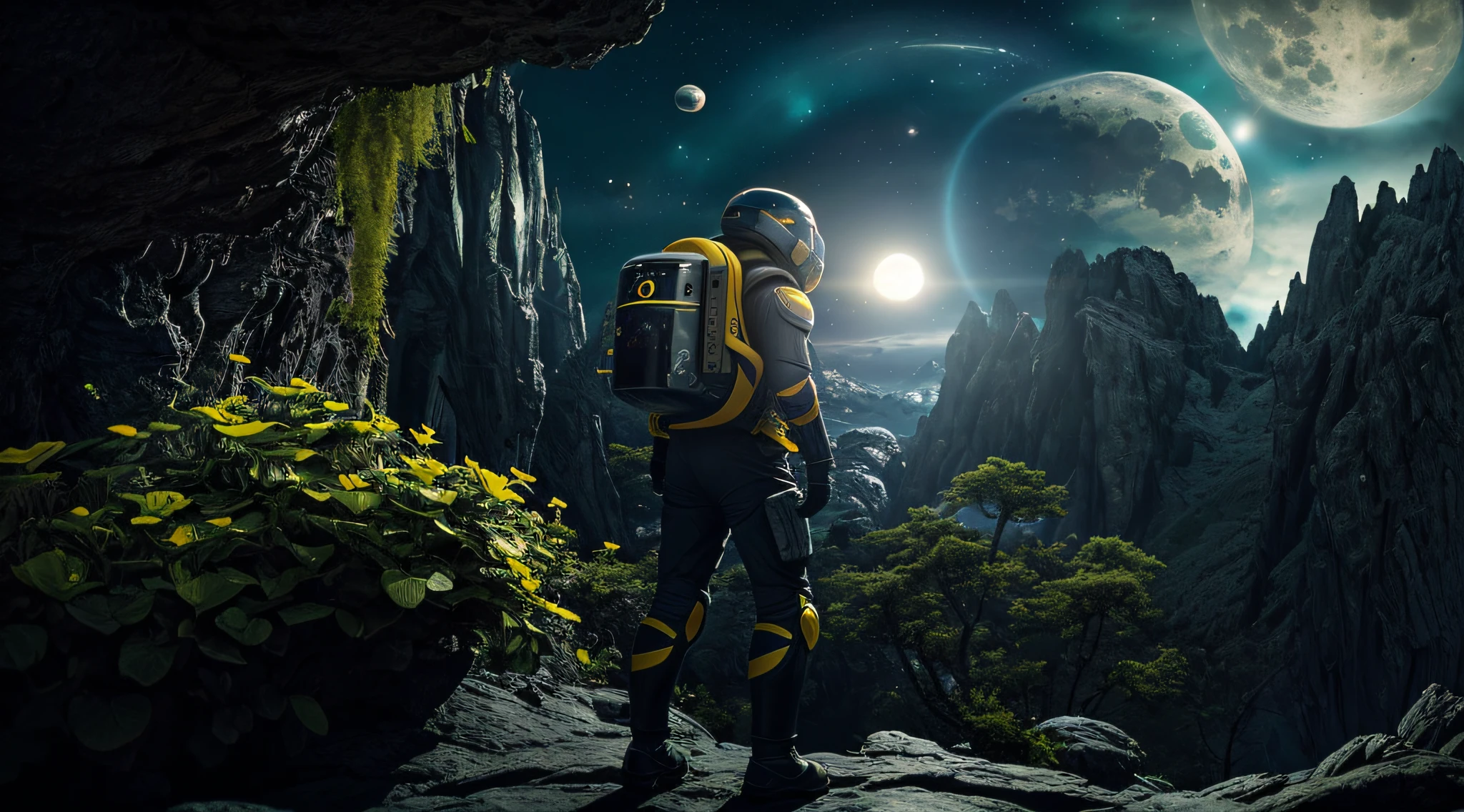 rear angle, highly detailed RAW color photo, masterpiece, high angle, rear angle, full body, of (one space soldier, wearing black and yellow space suit, helmet, face shield, rebreather), outdoor, (looking at advanced alien structure, on alien planet), toned body, (science fiction), (mountains: 0.8), (lush green vegetation), (three moons in the sky: 0.8), (highly detailed, hyperdetailed, intricate), ((DAY TIME)), (lens flare:0.7), (bloom:0.7), particle effects, raytracing, cinematic lighting, shallow depth of field, photographed on a Sony a9 II, 50mm wide-angle lens, sharp focus, cinematic film from Gravity 2013, behind
