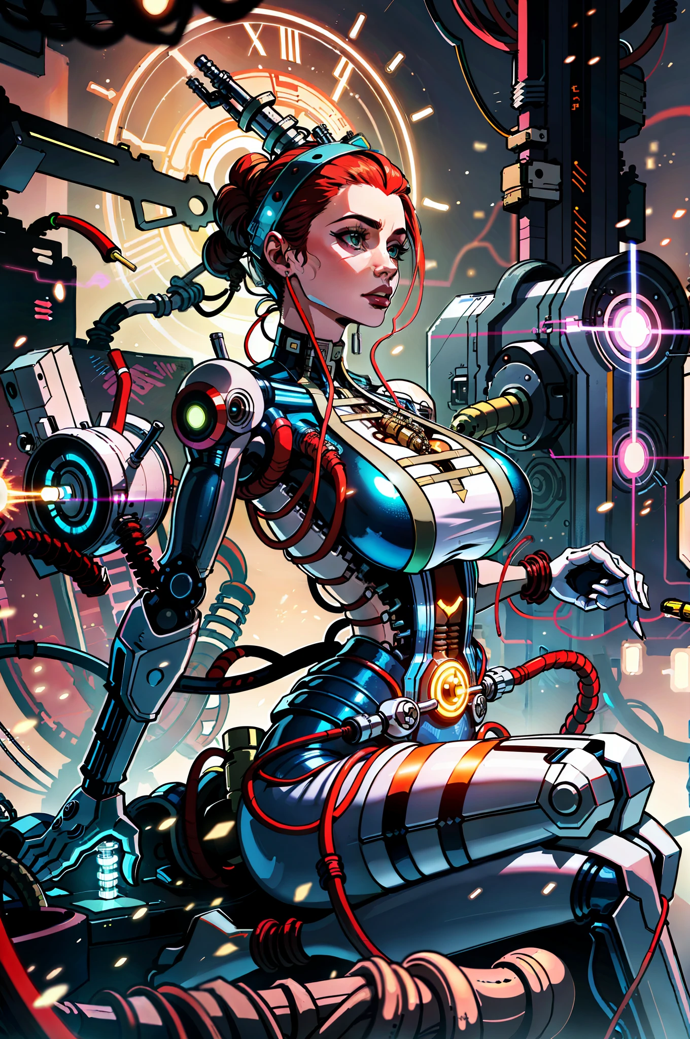 (absurdres, highres, ultra detailed), (a cyberpunk gunsmith in her workshop), huge breasts, strong, a little dirty, solo, mature, cinematic light,(machine made joints:1.2),((machanical limbs)),(vessels connected to tubes),(mechanical vertebra attaching to back),((mechanical cervial attaching to neck)),(sitting),expressionless,(wires and cables attaching to neck:1.2),(wires and cables on head:1.2)(character focus),science fiction
