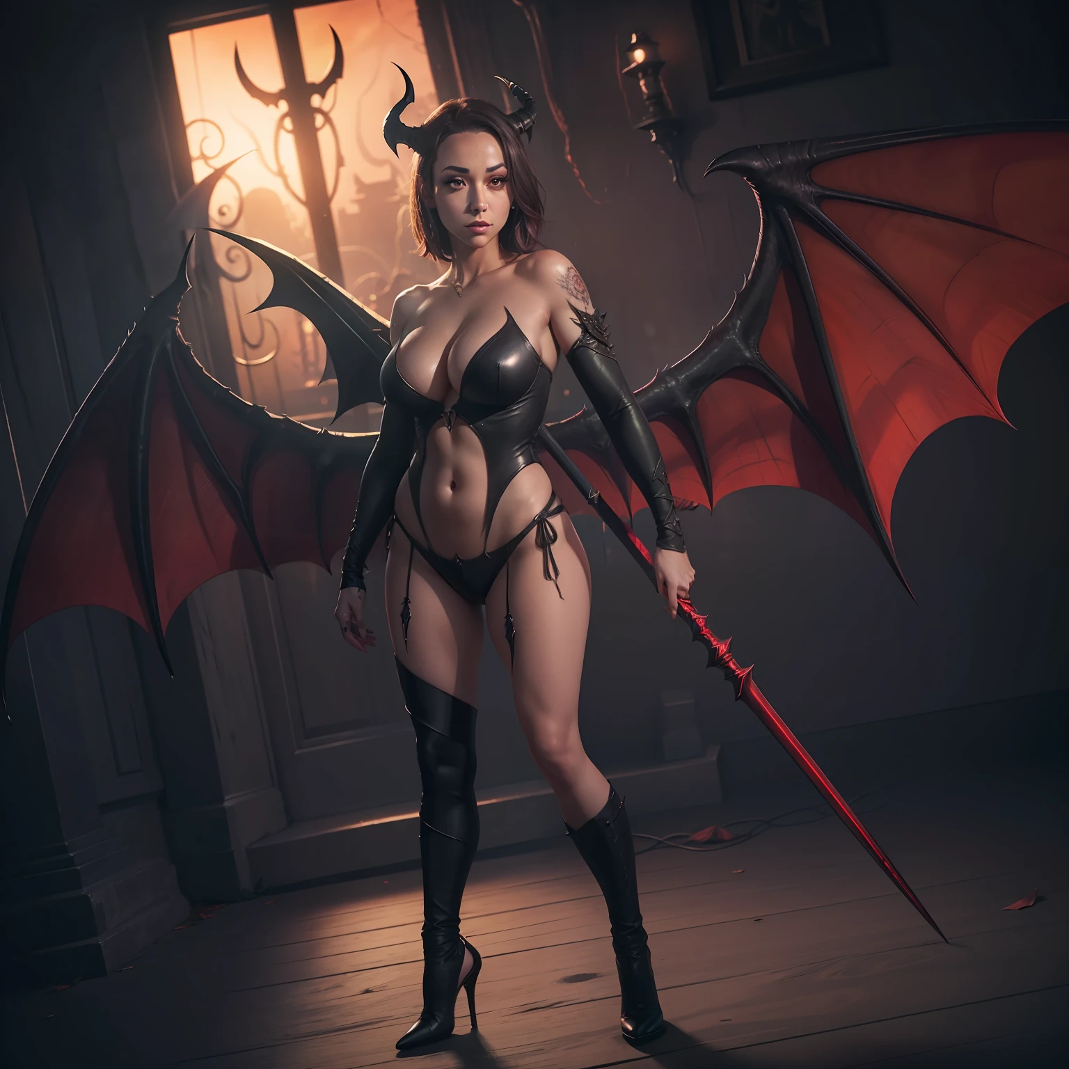 Jada Stevens as Succubus, full body, ghastly lighting, dynamic angle, realistic lighting,digital art, Demon wings(natural skin texture, hyperrealism, red light, sharp: 1.2), (intricate details: 1.12), hdr masterpiece, best quality, (highly detailed photo: 1.1), 8k, photorealistic, (SFW)