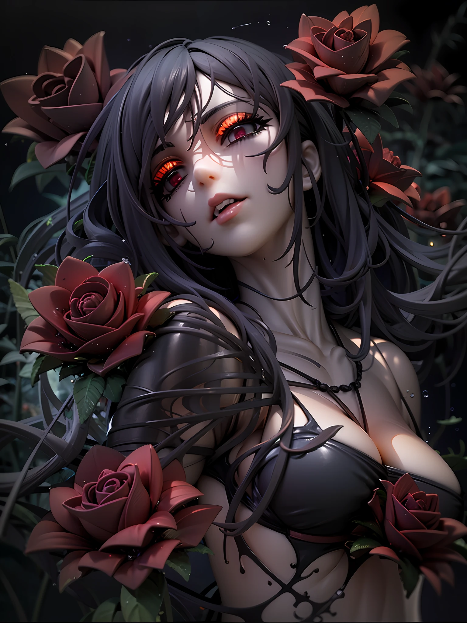 1womanl、dark ambiance、The upper part of the body、murky、hopelessness、terrifying、Black Bikini、barechested、roses、Roses entangle on the body、terrorism、abyss、Dark、a closeup