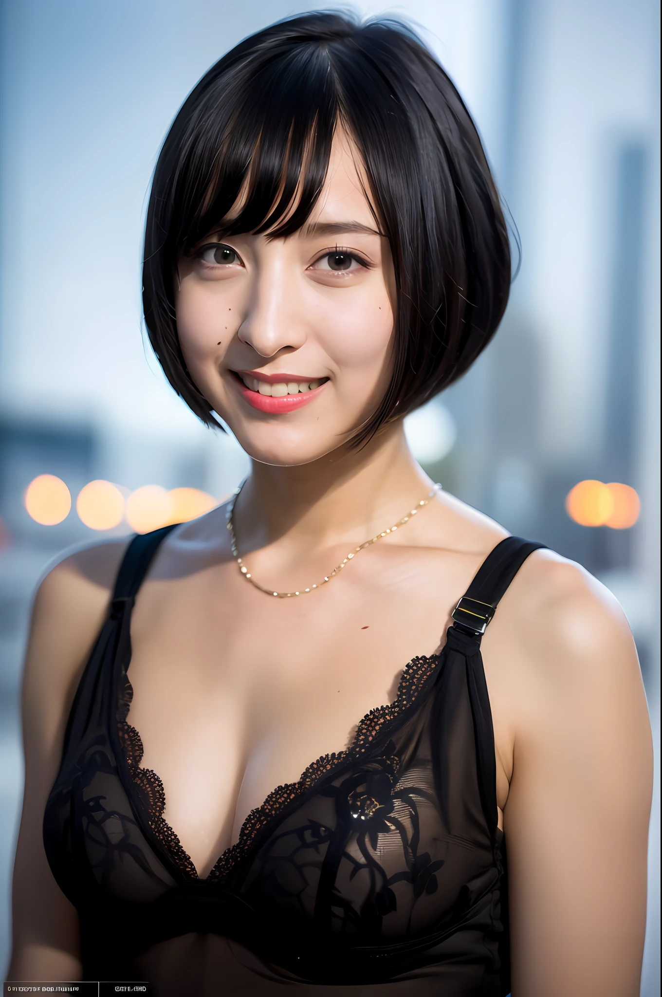 close up portrait, laughing, 22 years old female, looking at viewer, cinematic, 8k, best quality, masterpiece, hard lighting, amazing eye detail, prefect eyes, black eyes lots of fine detail, ((black hair)), sci-fi movie style, outdoor (in the Tokyo city) night photo, photography, natural light, photorealism, cinematic rendering, ray tracing, the highest quality, the highest detail, Cinematic, Third-Person View, Blur Effect, Long Exposure, 8K, Ultra-HD, Natural Lighting, Moody Lighting, Cinematic Lighting,