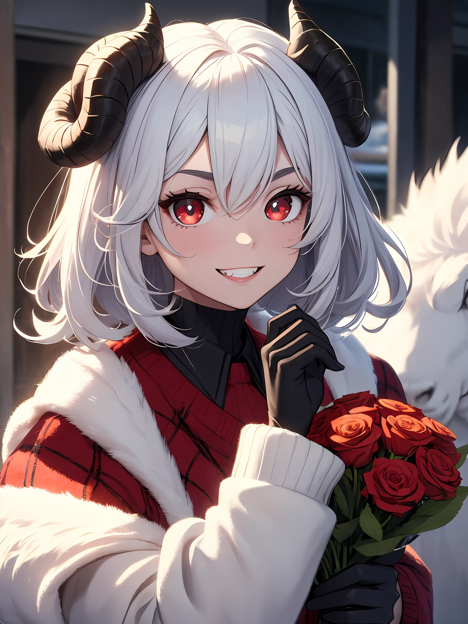 (masterpiece), best quality, expressive eyes, perfect face, 1girl, young, childish, tiny chest, red eyes with horizontal pupils, long eyelashes, white thick eyebrows, fluffy white goat ears, black goat horns, short white curled up bob hair with long strands, large red sweater with shirt collar, red plaid skirt, black leggings, half body, holding bouquet of roses, black gloves, outside, smile, buck teeth, front-faced, delicate figure, (portrait)