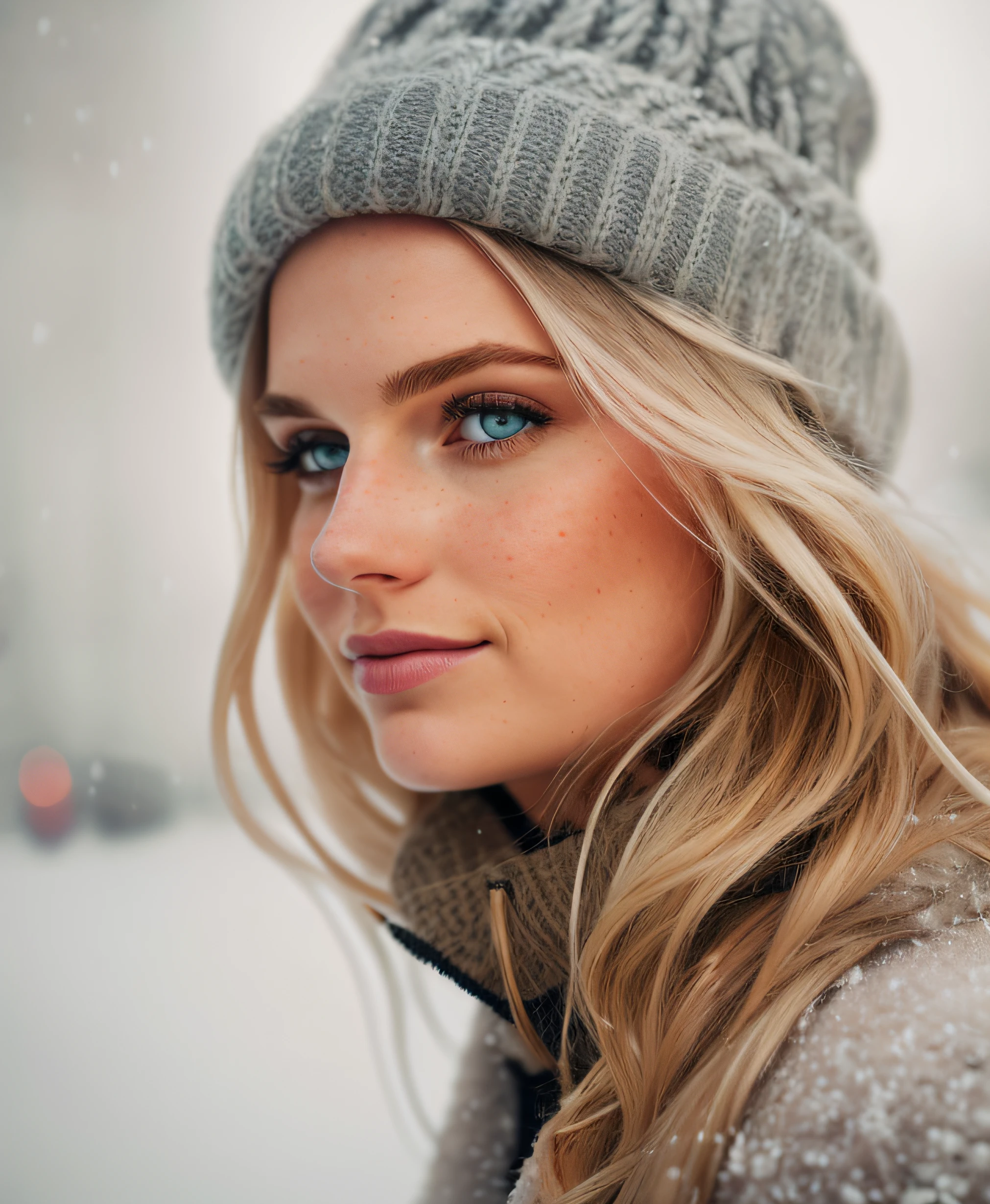 professional portrait photograph of a gorgeous Norwegian girl in winter clothing with long wavy blonde hair, sultry flirty look, (freckles), gorgeous symmetrical face, cute natural makeup, wearing elegant warm winter fashion clothing, ((standing outside in snowy city street)), stunning modern urban environment, ultra realistic, concept art, elegant, highly detailed, intricate, sharp focus, depth of field, f/1. 8, 85mm, medium shot, mid shot, (((professionally color graded))), bright soft diffused light, (volumetric fog), trending on instagram, hdr 4k, 8k
