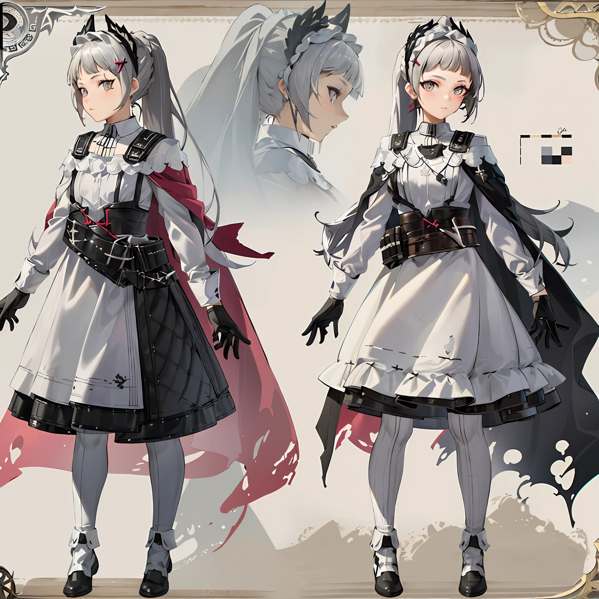 1girl, tight pants, white hair, long hair, ponytail, hair ornament, gray eyes, white shirt, corset, metal cuffs, black gloves, cloak, high boots, metal greaves, belt scabbard, medieval theme, looking at viewer, (reference sheet:1.5)