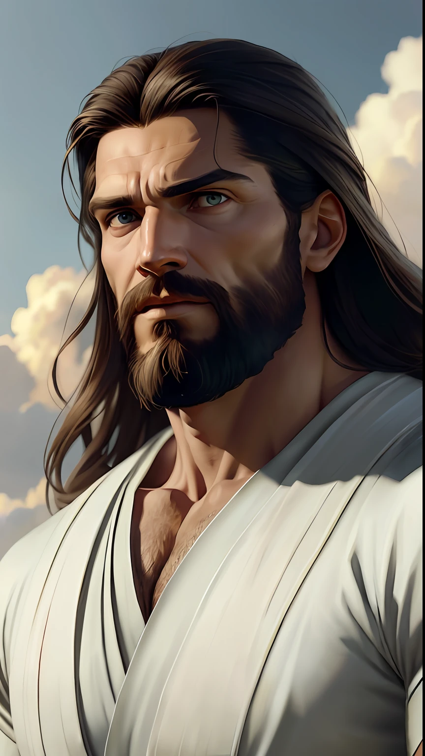 Soft and dreamy 8mm lens portrait of portrait of a Jesus Christ saint looking strong man with perfect facial hair. Soft snow sky. Using 8K High Definition. Art styles Greg Rutkowski , Android Jones , Tamsyn. Intricate dynamic lighting, elegant and highly detailed ultra-realistic, cinematic and octane rendering