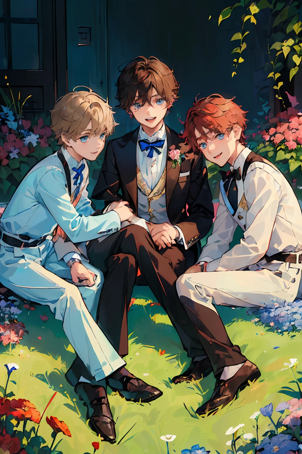 (AS-Young:1.7), (3boy:1.8), (1boy:1.2), (male focus:1.2), (cute:1.9) masterpiece, ((exquisite_detail)), illustration, (handsome), extremely_detailed_CG, brown haired boy with blue eyes, dark blonde haired boy with blue eyes, light red haired boy with magenta eyes, playing on a field of flowers, having fun, smiling, three boys