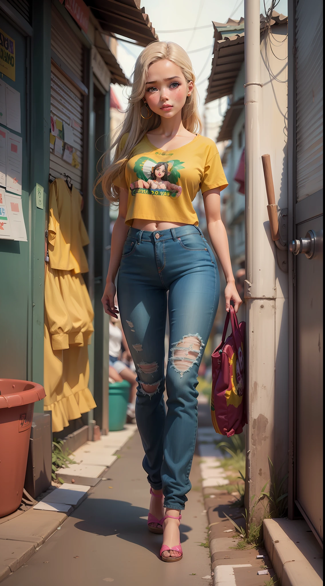 Create a realistic illustration of a low-income Brazilian Barbie doll, muito pobre, Usando roupas rasgadas, roupas surradas, em um ambiente de favela bem pobre do Rio de Janeiro.