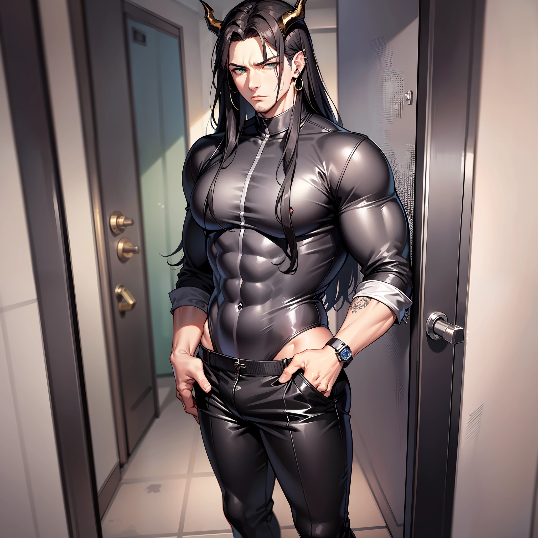Handsome male, black hair, long hair, emerald eyes, detailed body, detailed hands, black shirt, black pants, standing in the door, nightfall, huge bulge in pants, horns, piercings, long sleeve shirt, manly, arrogant expression, buff man, handsome, roman nose