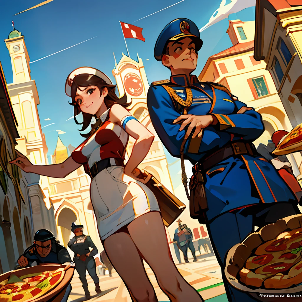 (Masterpiece), (Best Quality), (Exquisite Details), Propaganda Poster, Italian Style, Wide Angle Lens, A Group of People, Italian Soldiers, Italian Military Uniforms, Small Breasts, Smiles, Civilians, Workwear, Firm Expression, Half-naked Arms, Passing Flyer, Italy Flag, Pizza and Wheat, Cityscape, Architecture, High-Speed Rail Trains, Italian constitution, Italian