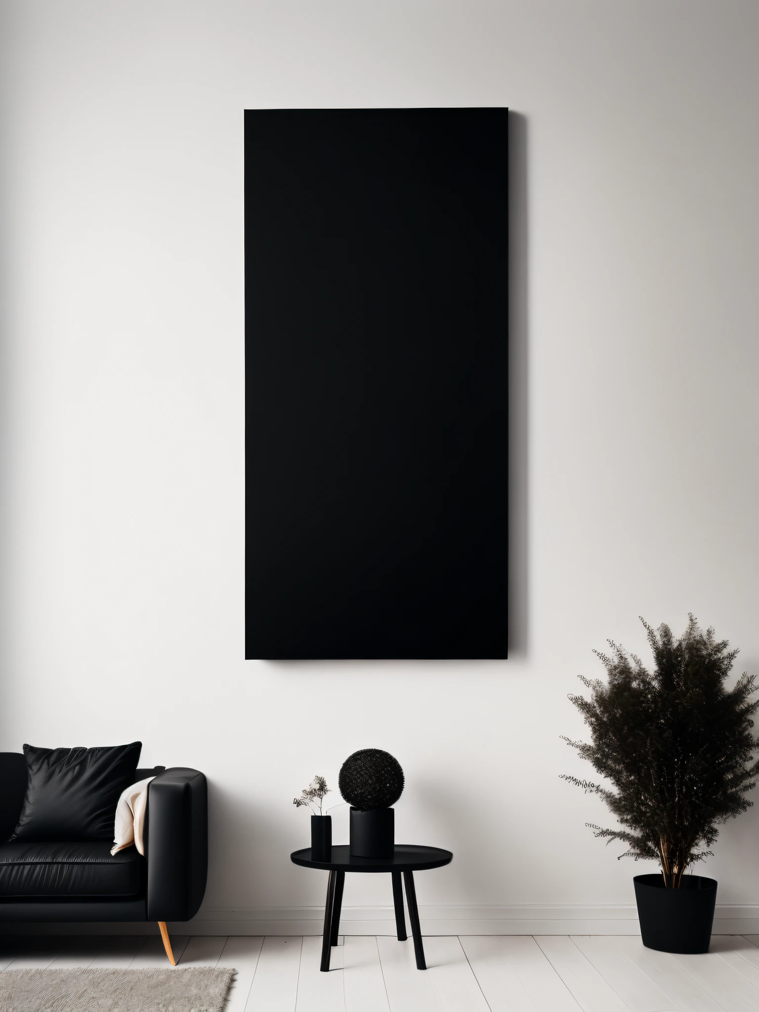 Mockup minimalist room with black sofa white walls and some light bronze touch