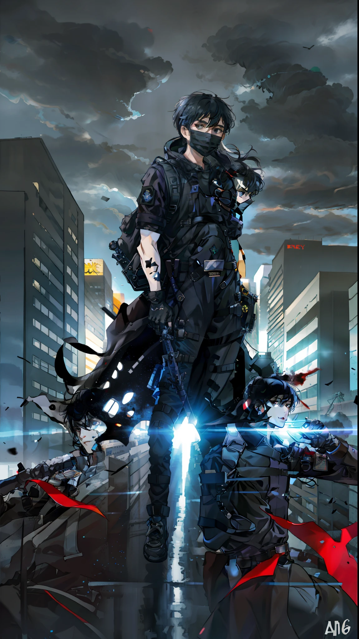 masterpiece, highly detailed eyes, galaxy in eyes, top quality, best quality, male, teen man, young man, man of 16, extreme detailed, colorful,highest detailed, black hair, long hair, wavy hair, black eyes, big city, destroyed city, backpack, wind, protective clothing, zombie apocalypse, full body, tech wear, muscular, military gloves, black mask on face