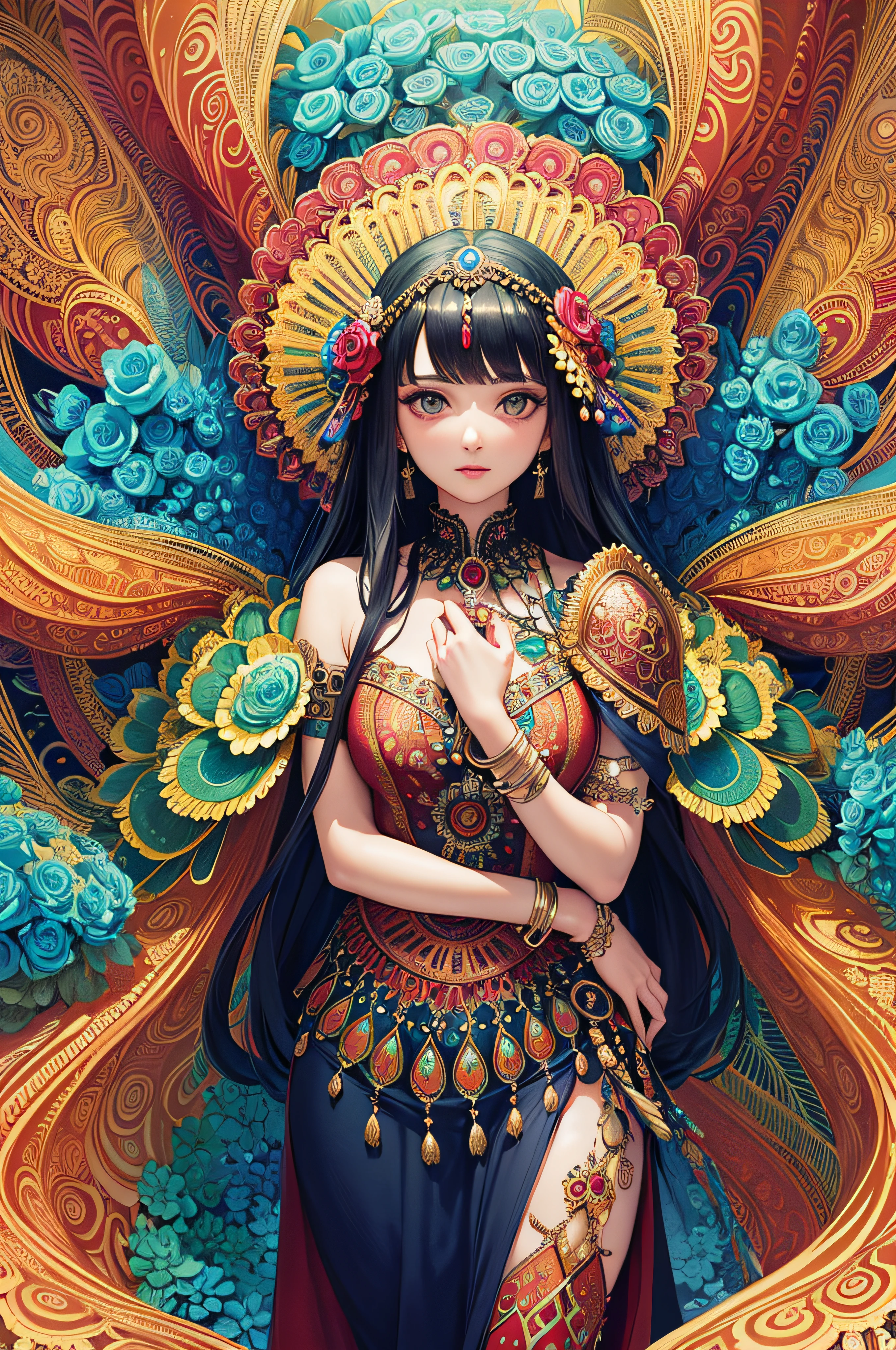 (masterpiece, top quality, best quality, official art, beautiful and aesthetic:1.2), (1girl), extreme detailed,(fractal art:1.3),colorful,highest detailed, Indian Aesthetics, flores e penas, peacock