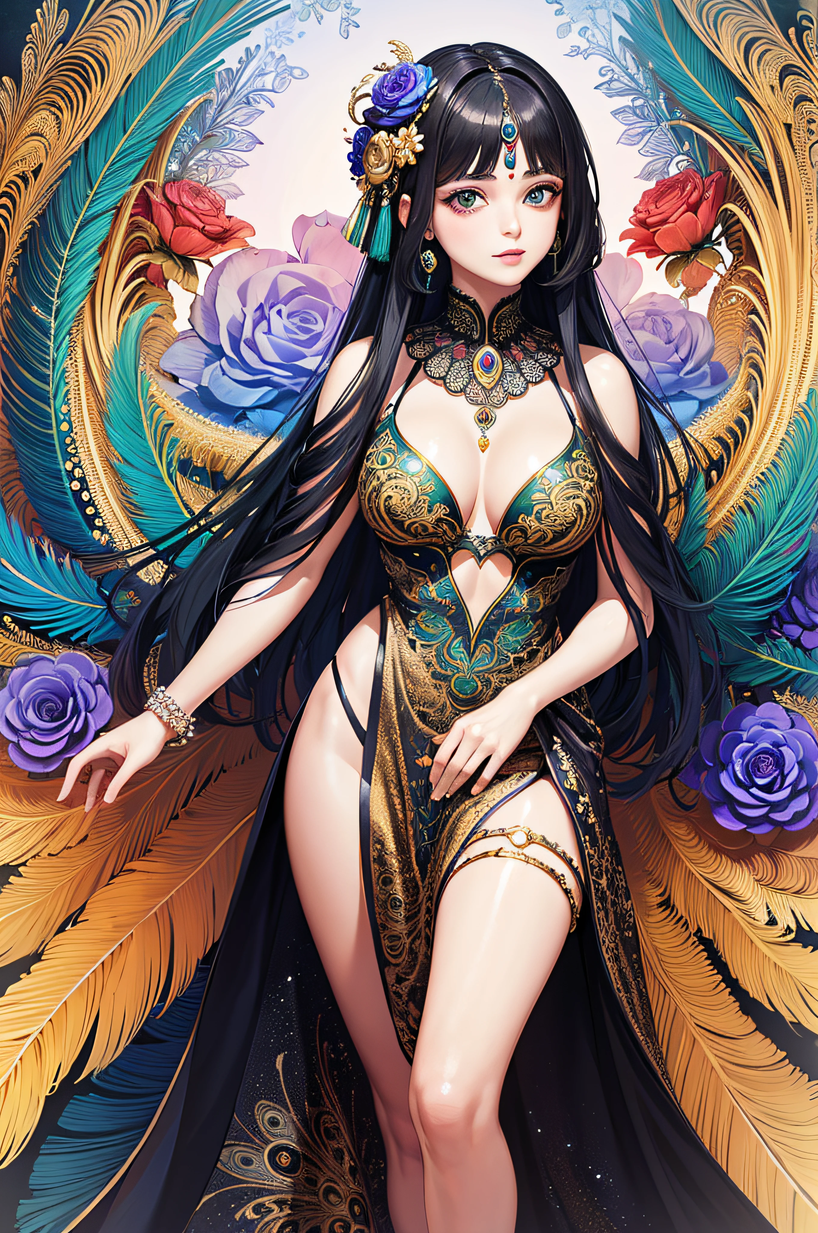 (masterpiece, top quality, best quality, official art, beautiful and aesthetic:1.2), (1girl), extreme detailed,(fractal art:1.3),colorful,highest detailed, Indian Aesthetics, flores e penas, peacock