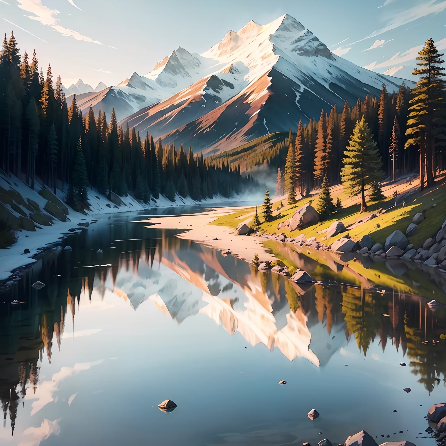 Watercolor luxury cottage mountain river tree gravel soft soft light --auto