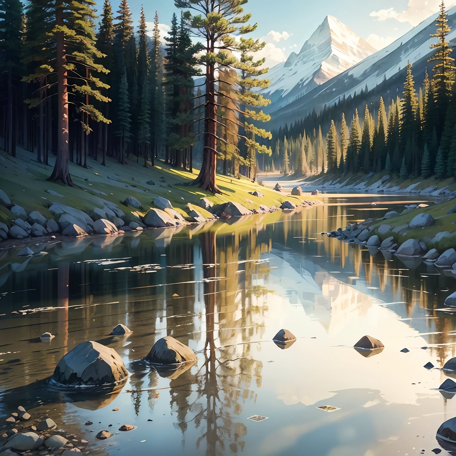 Watercolor luxury cottage mountain river tree gravel soft soft light --auto