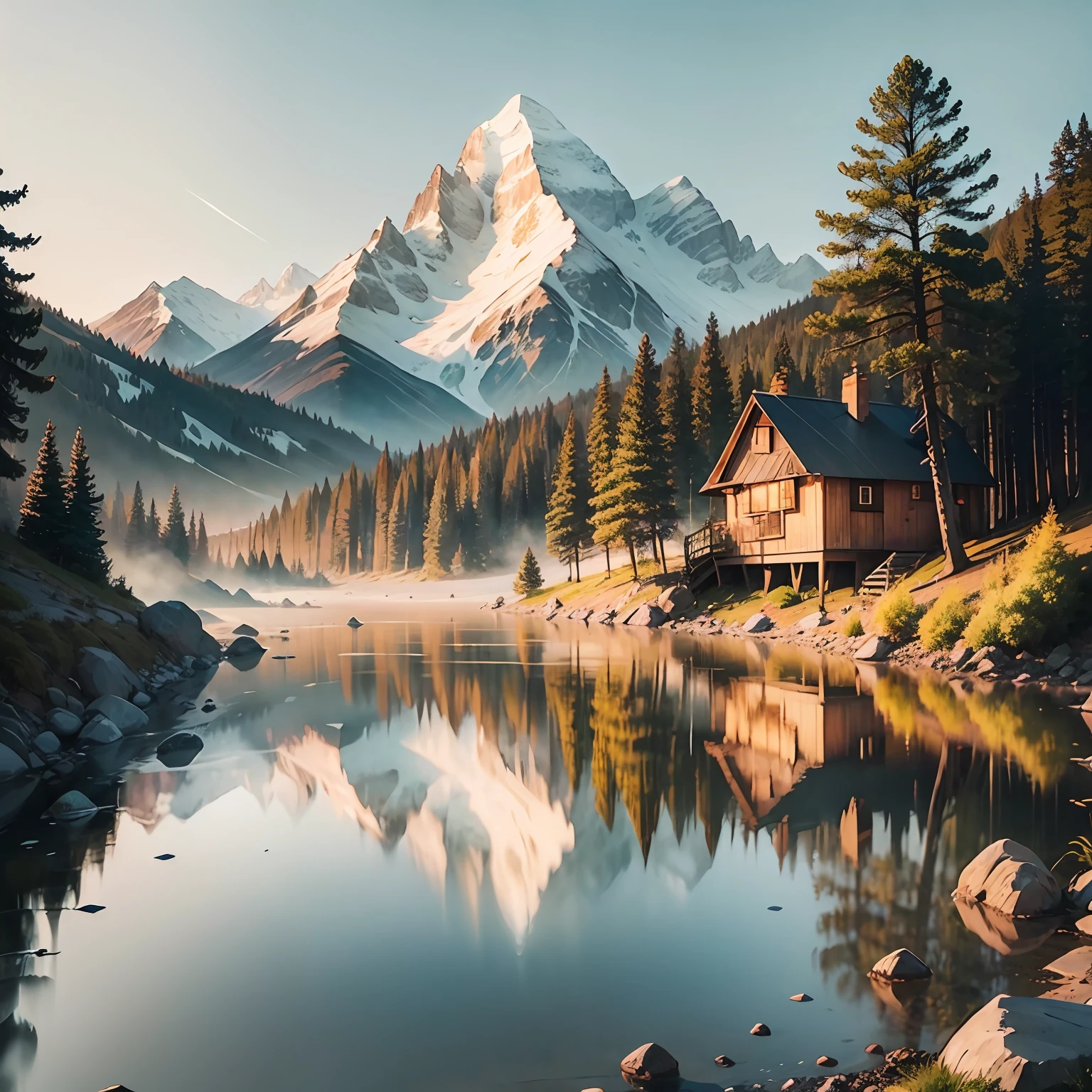 Watercolor luxury cottage mountain river tree gravel soft soft light --auto