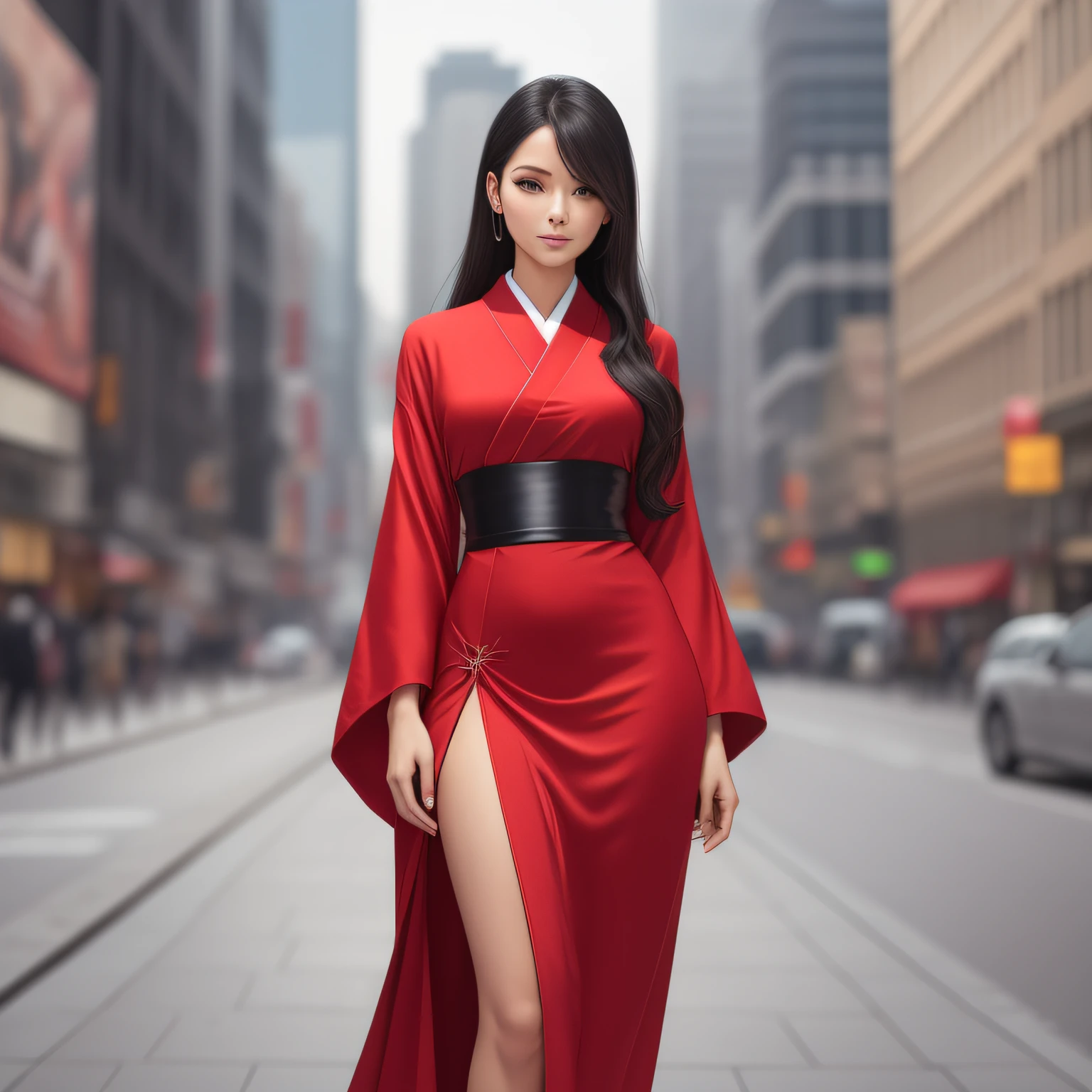 Ultra realistic full body photo of a Caucasian woman, perfect detailed face, perfect eyes, perfect nose, perfect mouth, black hair, standing, wearing an elegant oversized modern kimono style dress in red color, covering the whole body, perfect body, proportionate body, perfect hands, perfect legs, perfect feet, modern city background, lighting, 8k, (((body must be fully covered)))