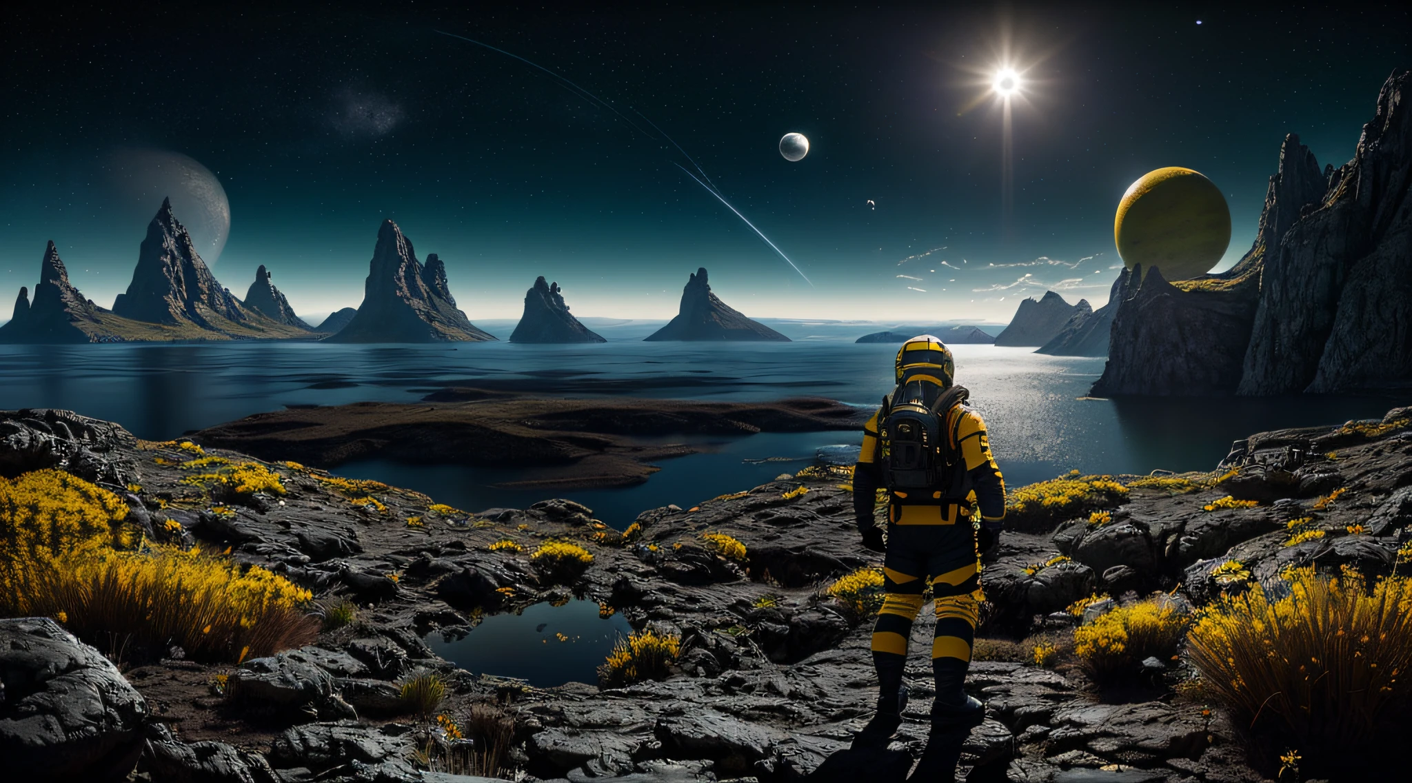 rear angle, highly detailed RAW color photo, masterpiece, high angle, rear angle, full body, of (1 male space soldier, wearing black and yellow space suit, helmet, face shield, rebreather), outdoor, (looking at big lake, on alien planet), toned body, (science fiction), myst, (mountains: 0.3), (lush green vegetation), (two small moons in the sky: 0.8), (highly detailed, hyperdetailed, intricate), ((DAY TIME)), (lens flare:0.7), (bloom:0.7), particle effects, raytracing, cinematic lighting, shallow depth of field, photographed on a Sony a9 II, 50mm wide-angle lens, sharp focus, cinematic film from Gravity 2013, behind