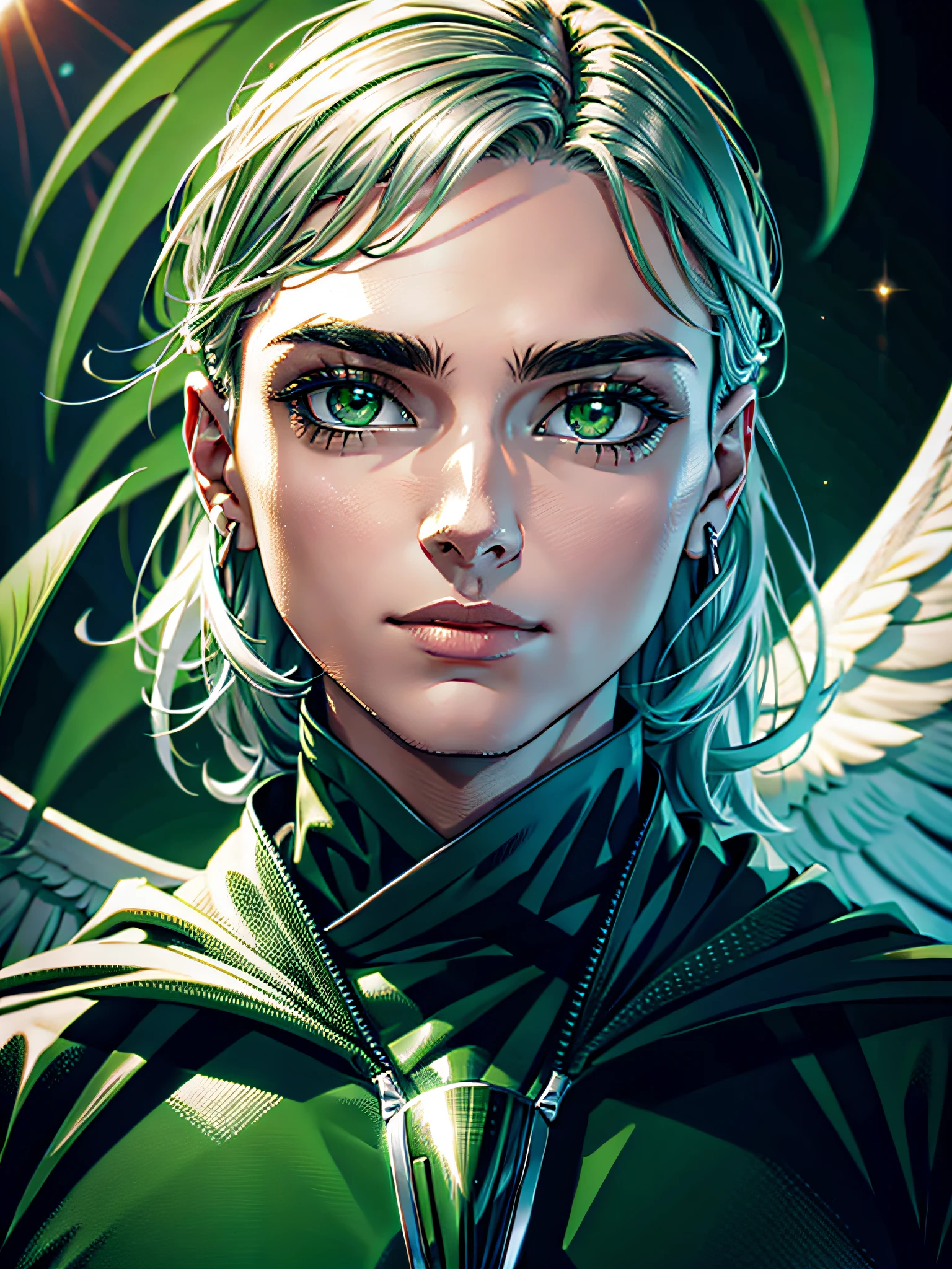 YOUNG MAN  with SILVER GREEN eyes and GIANT GREEN ANGELIC WINGS and BLACK AND SILVER HAIR 8K RESOLUTION THE YOUTH USING A BLACK CLOTH WITH BLACK AND GREEN DETAILS WITH THE FACE WITH GOOD RESOLUTION AND THE EYES MUST BE SILVER GREEN LONG GREEN WINGS --auto