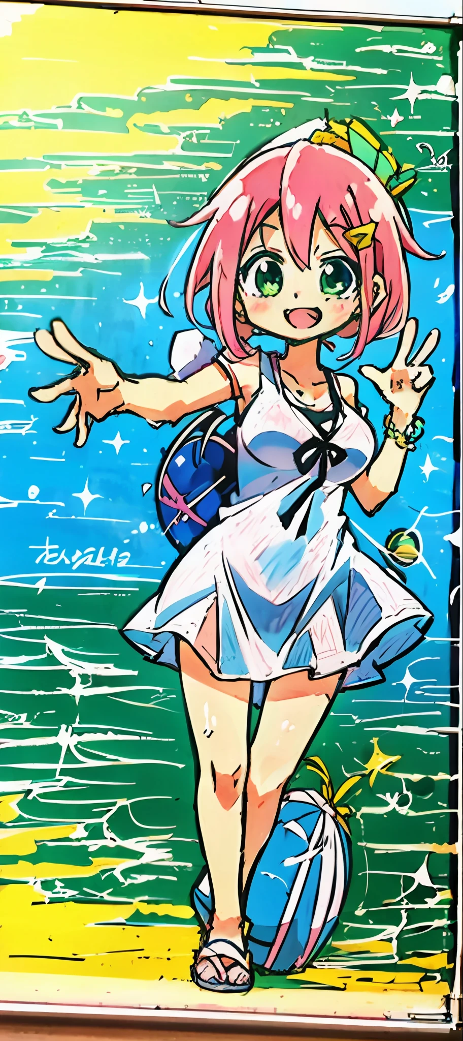 masutepiece,Best Quality,
BREAK
,1 rapariga
, (teens girl:1.0),Huge breasts, (Pink hair, Medium length:1.2), (Braided hairstyle:1.1), (Bright green eyes and light blue eyes,round:1.2),BREAK, (casual beach clothing:1.2), (lightweight summer one-piece dress:1.2), (a straw fedora hat:1.0), (flipflops:1.0), (star-shaped earring:1.1), (Lace headband:1.0), (Cute Accessories:1.3), (peaceful smile :D:1.1), (Casual pose, Standing:1.3), (Beach background:1.3), (Holding a beach ball:1.1),
,chalk board,Traditional Media
,Square Cap,Detailed background
break