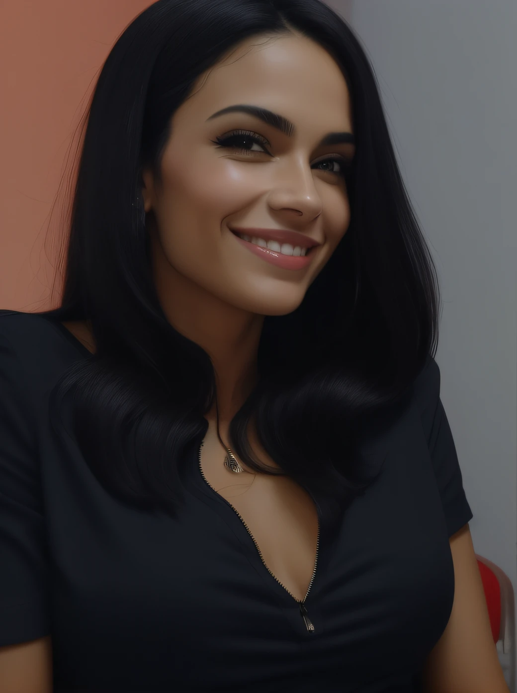um close up de uma mulher de camisa preta sentada em uma cadeira, Malika Favre, Parece Fabiula Nascimento, Mulher de 30 anos de Cuba, com um sorriso sedutor, sorriso sedutor, sorriso bonito e sedutor, Violeta Myers, fernanda suarez, Cara Sexy, sorriso sedutor louco, Alanis Guillen, friendly seductive smile
