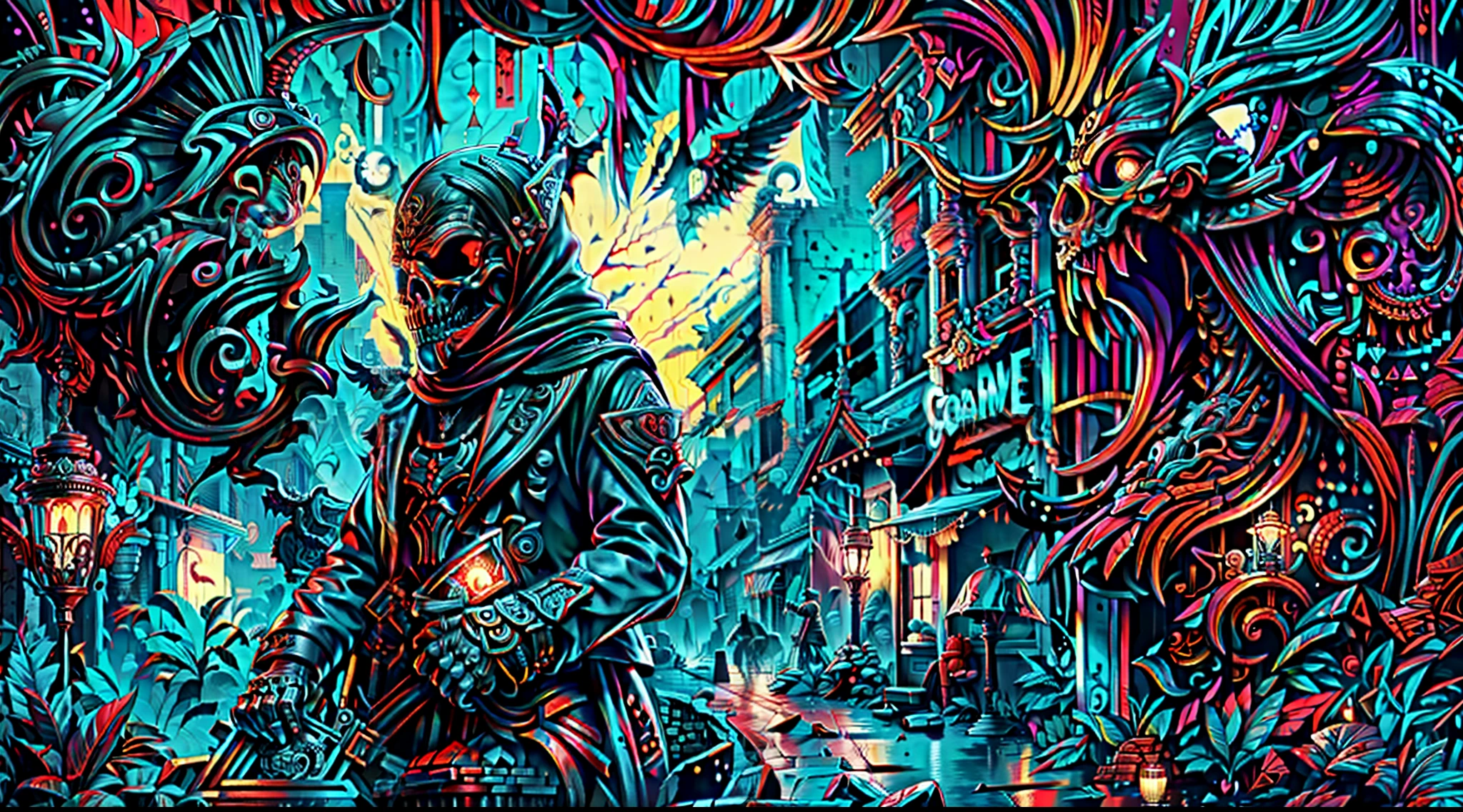 ACAB album cover, con un hombre con cara de calavera y cresta de gallo color roja,Moonlight holding an art-style engraving gun, Monocromo, cold colors. artistic style of engraving, cold colors. Arte lineal, Monocromo, temor, Gothic, horror, surrealista, terror, miedo, Dispair, Monstruoso humanoide, fantasy, dreamlike, dramatic