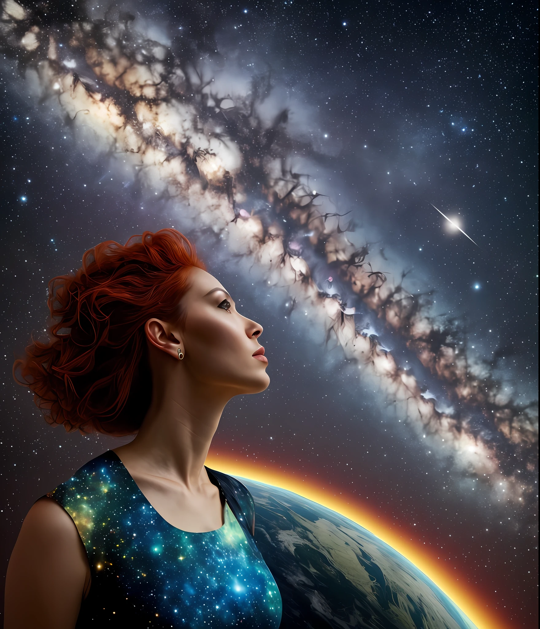 Woman at edge of creation of the universe
