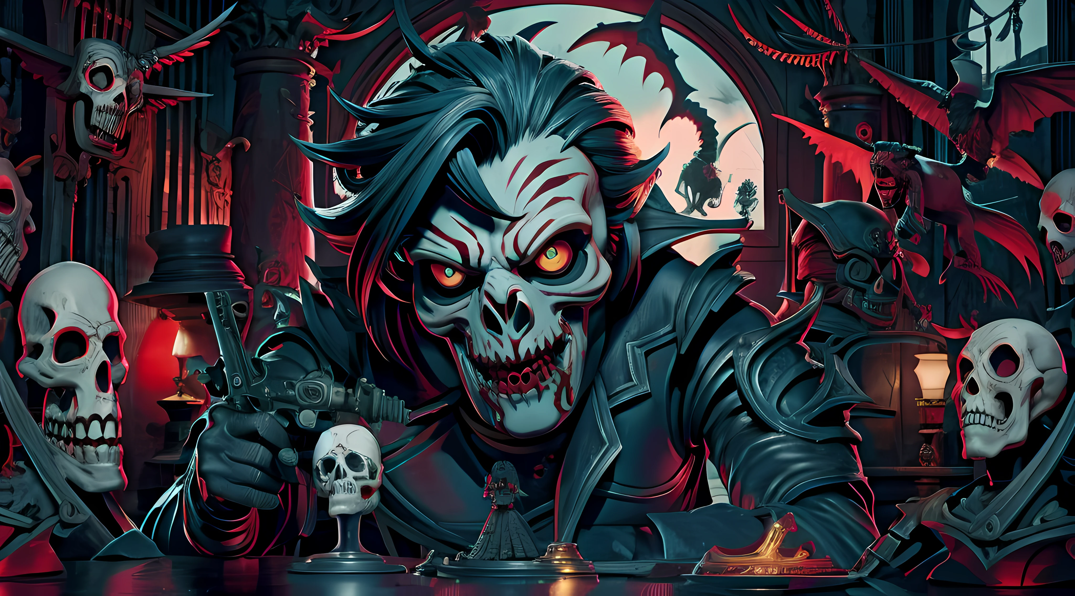 ACAB album cover, con un hombre con cara de calavera y cresta de gallo color roja,Moonlight holding an art-style engraving gun, Monocromo, cold colors. artistic style of engraving, cold colors. Arte lineal, Monocromo, temor, Gothic, horror, surrealista, terror, miedo, Dispair, Monstruoso humanoide, fantasy, dreamlike, dramatic