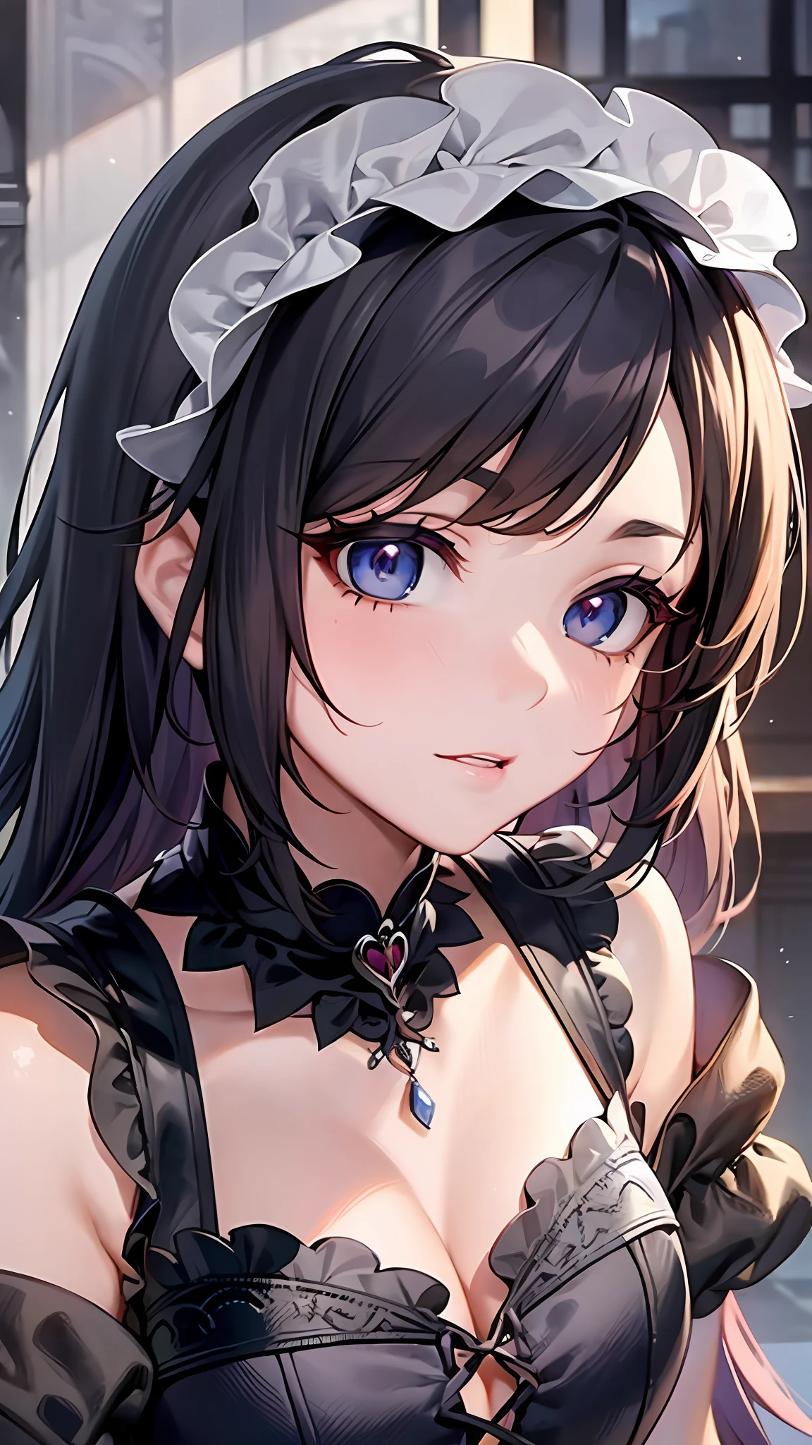 a close up of a woman in a dress with a white and black dress, gothic maiden anime girl, anime girl wearing a black dress, cute anime waifu in a nice dress, anime girl in a maid costume, an elegant gothic princess, guweiz, guweiz on pixiv artstation, guweiz on artstation pixiv, beautiful anime girl