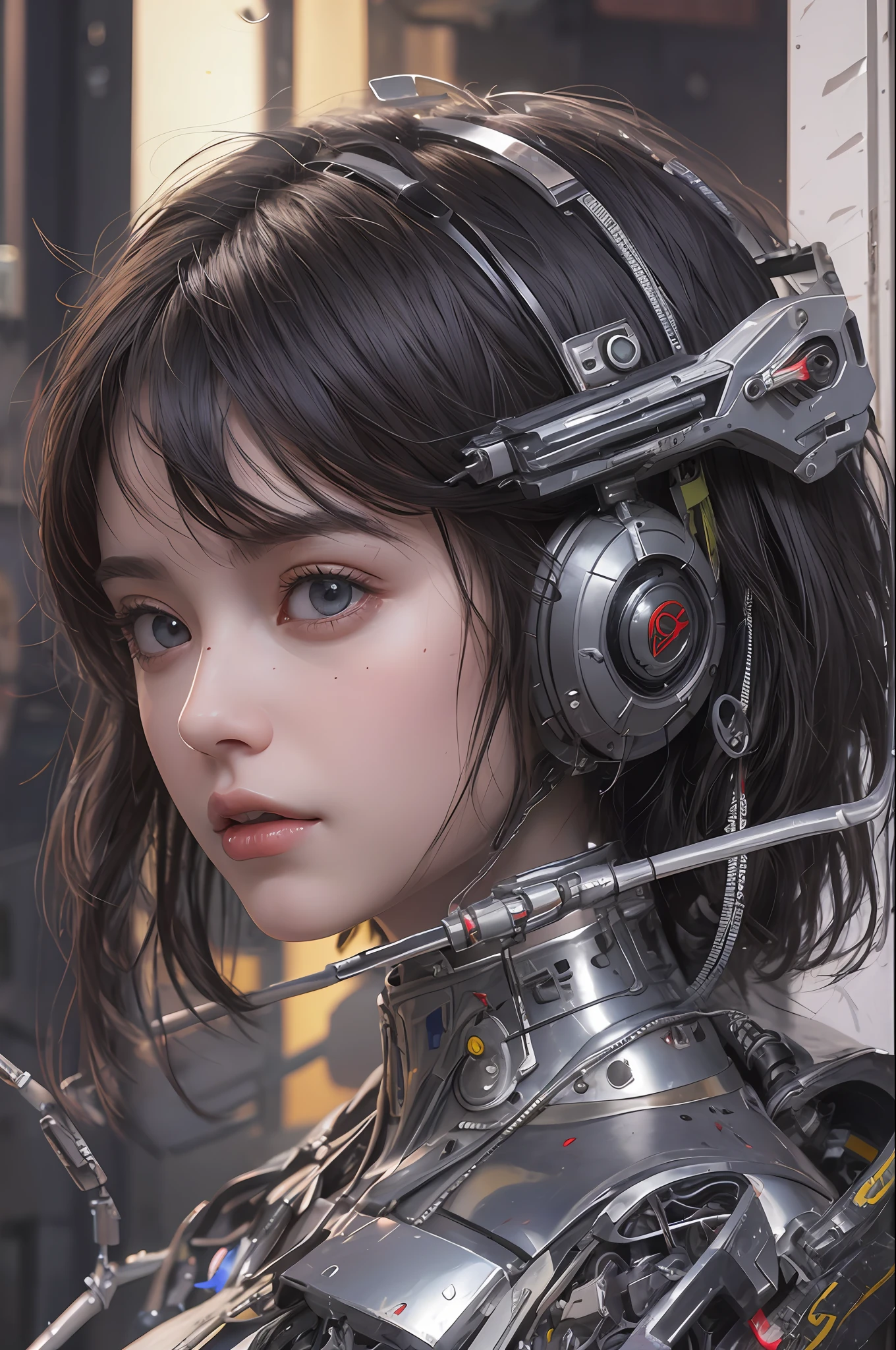 Top Quality, Masterpiece, Ultra High Resolution, (Photorealistic: 1.4), Raw Photo, 1 cyberpunk Girl, Black Hair, Glossy Skin, 1 Mechanical Girl, (Ultra Realistic Detail)), ((portrait)), Global Illumination, Contrast, Shadows, Octane Rendering, 8K, Ultra Sharp, Cleavage Exposed, Raw Skin, Metal, Intricate Ornament Details, Japan Details, Very intricate details, realistic light, CGSoation trend, facing the camera, neon details, mechanical limbs, blood vessels connected to the tube, mechanical vertebrae attached to the back, mechanical cervical attachment to the neck, wires and cables connecting to the head, gundam, small LED lamps.