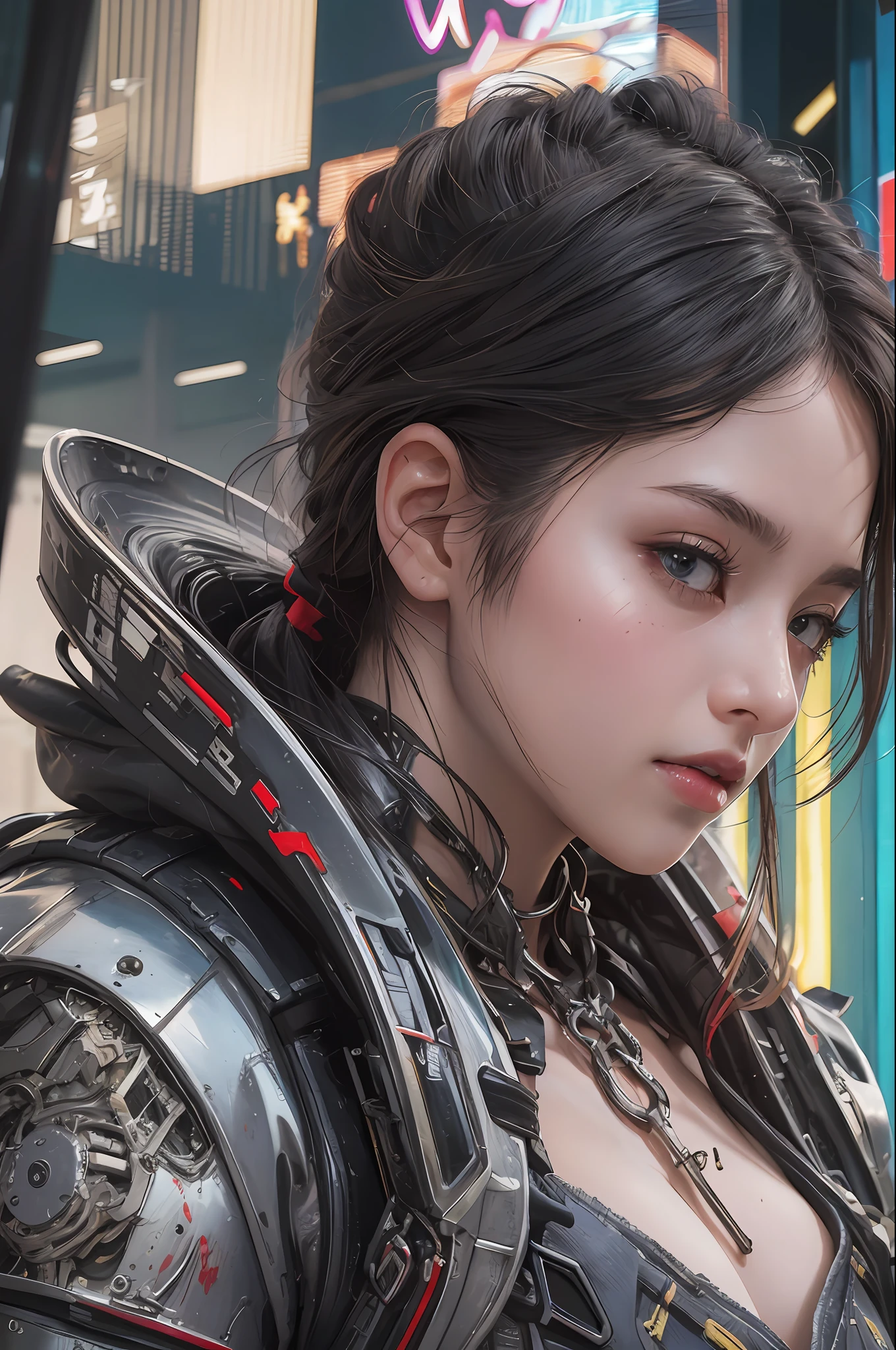 Top Quality, Masterpiece, Ultra High Resolution, (Photorealistic: 1.4), Raw Photo, 1 cyberpunk Girl, Black Hair, Glossy Skin, 1 Mechanical Girl, (Ultra Realistic Detail)), ((portrait)), Global Illumination, Contrast, Shadows, Octane Rendering, 8K, Ultra Sharp, Cleavage Exposed, Raw Skin, Metal, Intricate Ornament Details, Japan Details, Very intricate details, realistic light, CGSoation trend, facing the camera, neon details, mechanical limbs, blood vessels connected to the tube, mechanical vertebrae attached to the back, mechanical cervical attachment to the neck, wires and cables connecting to the head, gundam, small LED lamps.