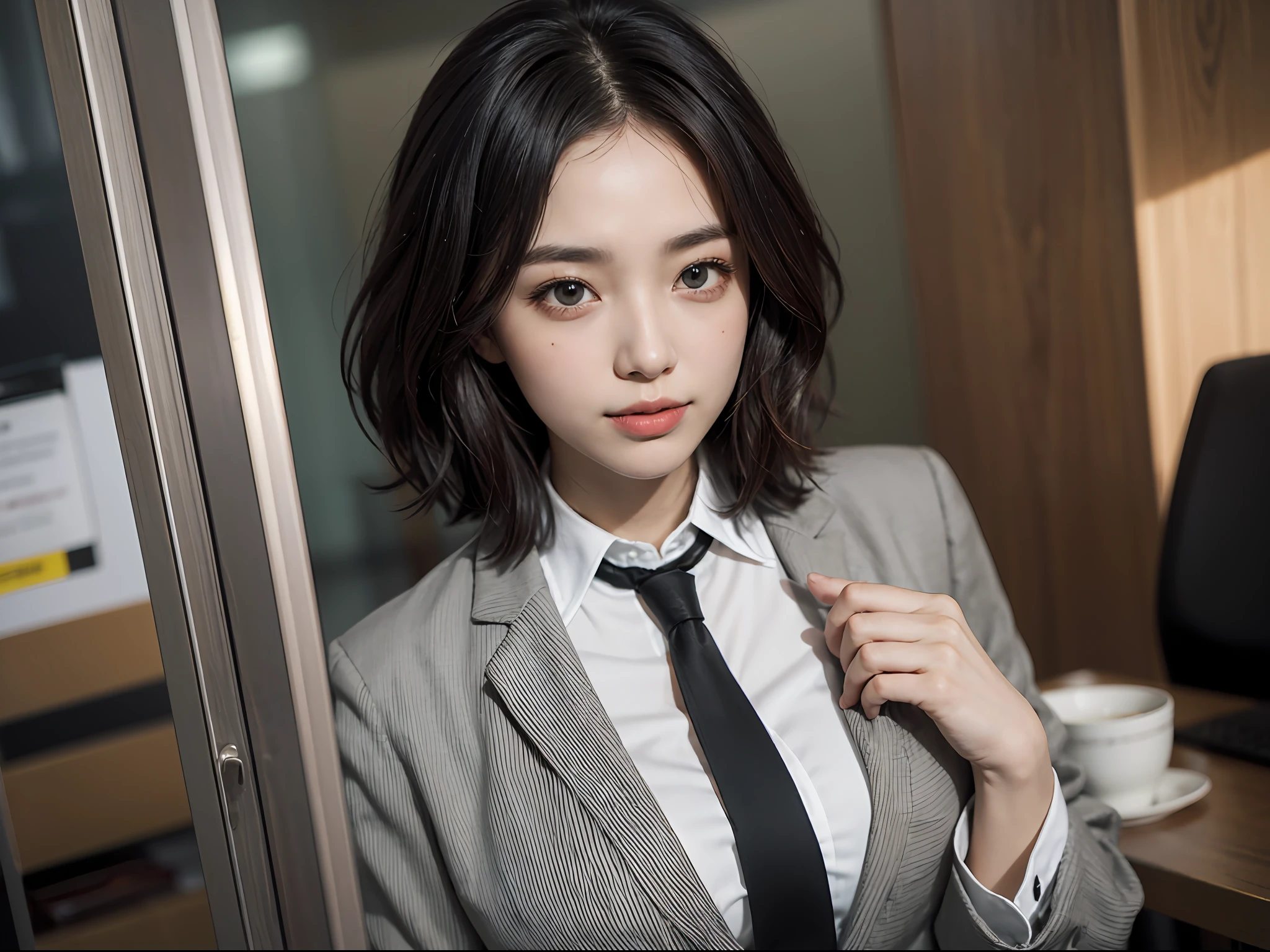 Smiling Woman, (((shorth hair))), Business suits,((long  skirt))，(​masterpiece, top-quality, Near and far law), beautiful expression, in 8K, Raw foto, Photorealsitic, film grains, chromatic abberation, hight resolution, ultra-detailliert, finely detail, 动态照明, Dramatic Lighting、shadowy、extremely detailed eye and face、Round pupils、(((Modern and luxurious office)))、long legged