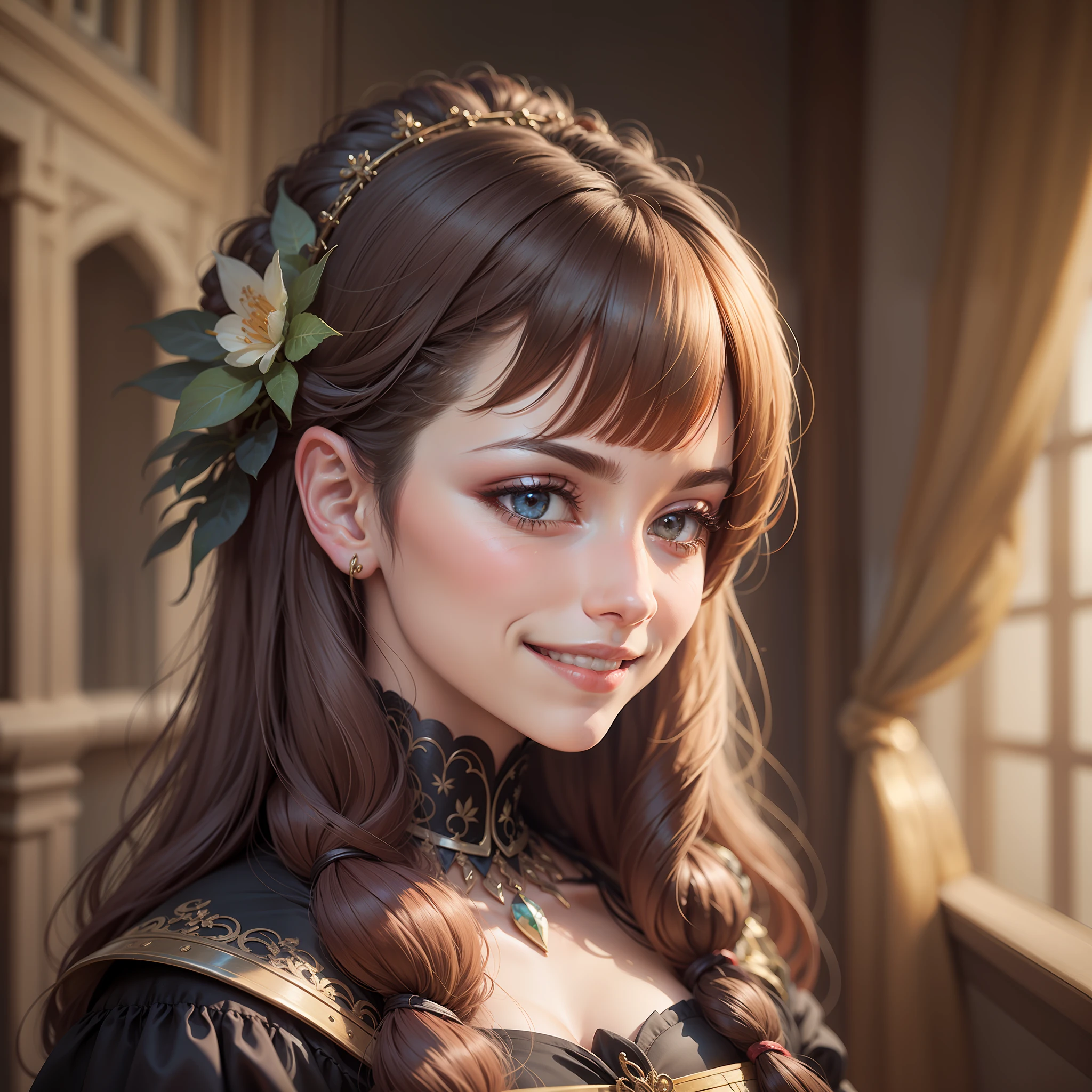 portrait of a woman, expensive closed medieval dress, embarrassed smile, blurred background