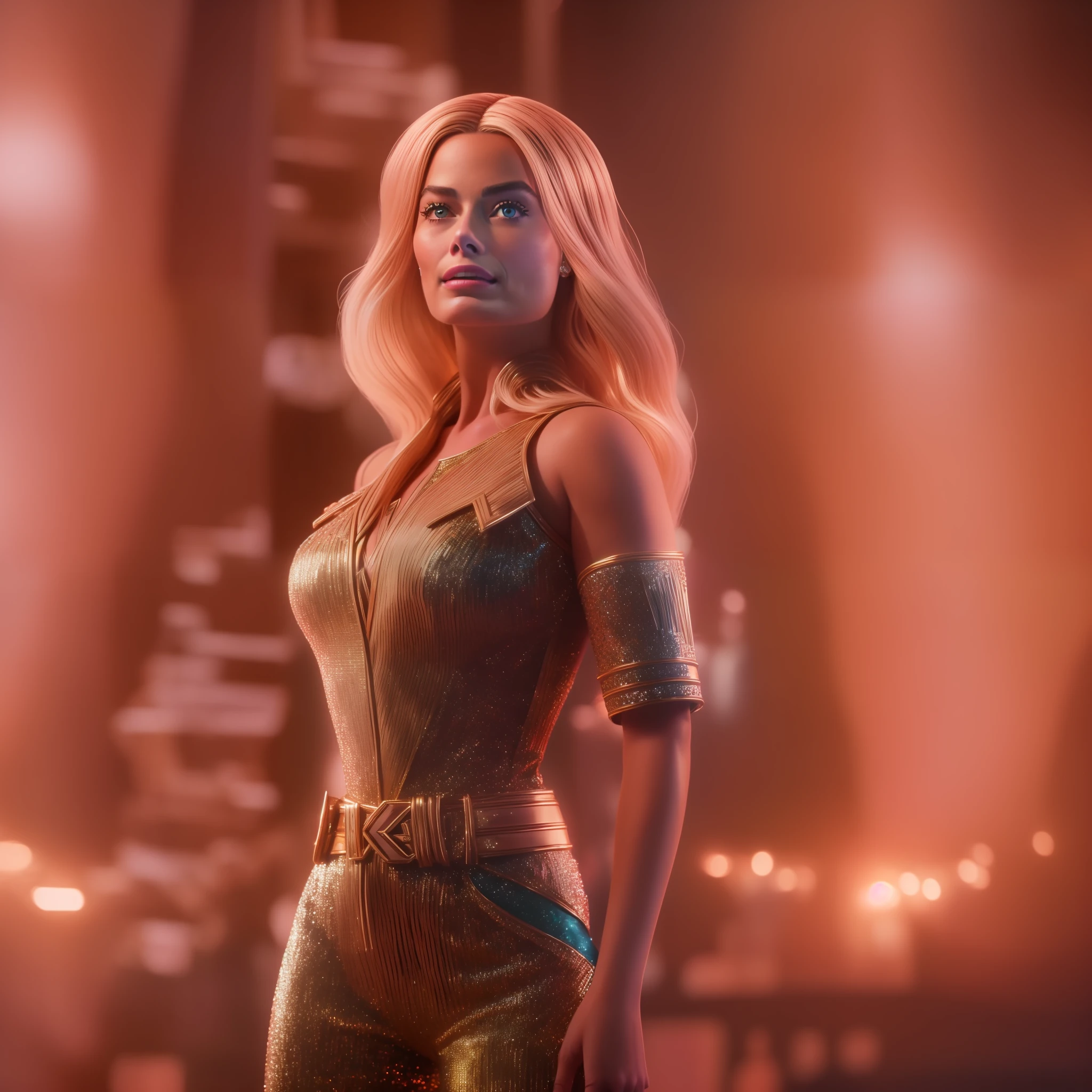 (extremely detailed CG unity 8k wallpaper, masterpiece, best quality, ultra-detailed), (best illumination, best shadow), ((Margot Robbie as Barbie)), fierce and strong pose, (dramatic lighting: 1.3), under the spotlight, fast and dynamic movement, strong expression.