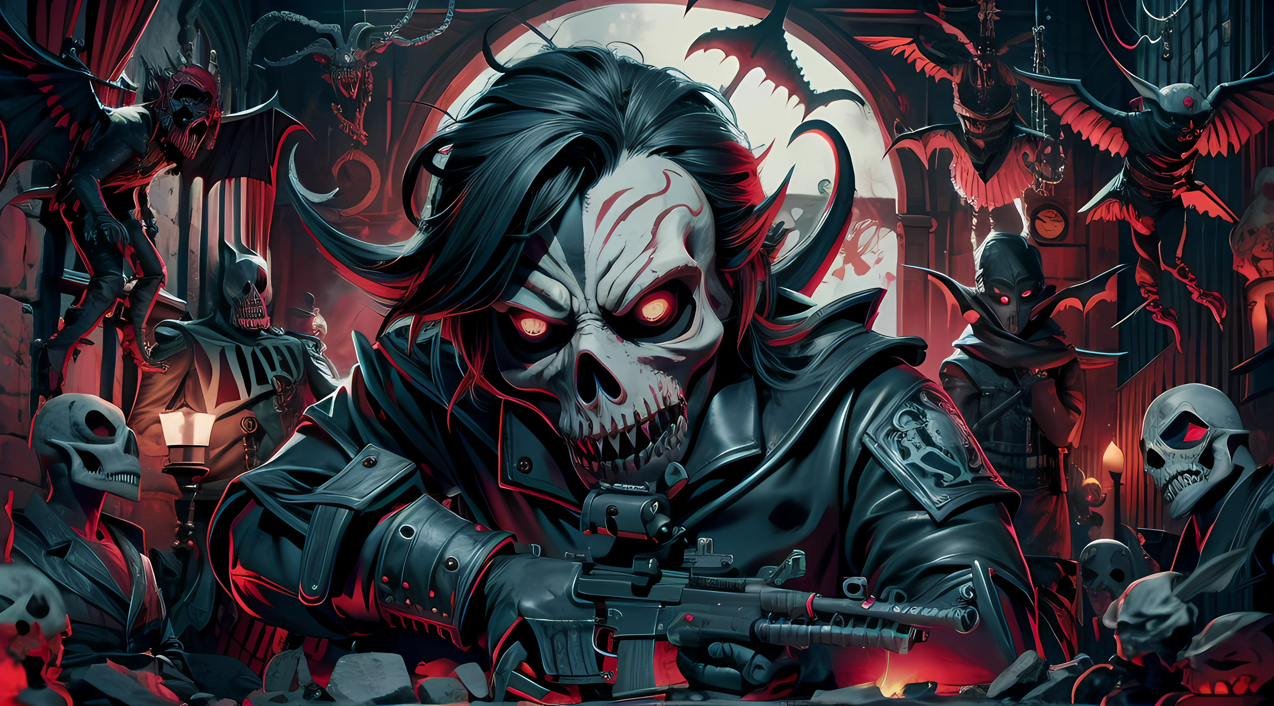 ACAB album cover, con un hombre con cara de calavera y cresta de gallo color roja,Moonlight holding an art-style engraving gun, Monocromo, cold colors. artistic style of engraving, cold colors. Arte lineal, Monocromo, temor, Gothic, horror, surrealista, terror, miedo, Dispair, Monstruoso humanoide, fantasy, dreamlike, dramatic