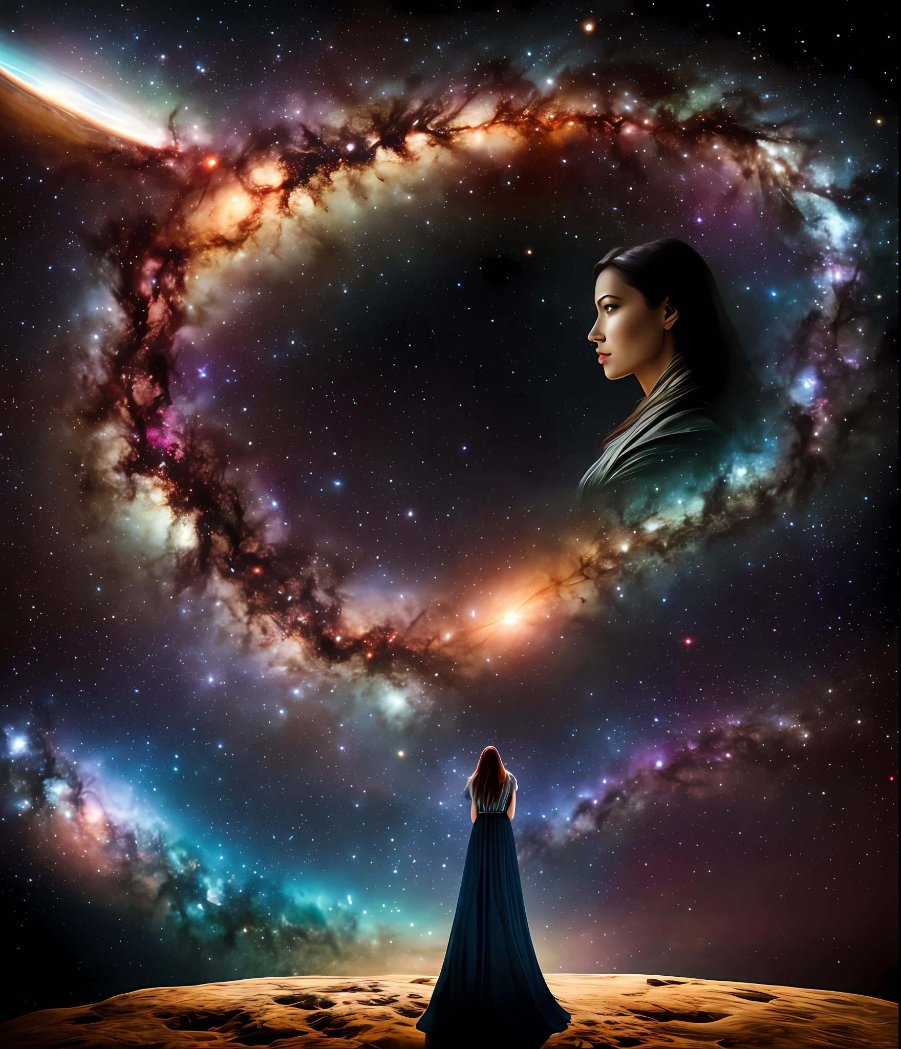 Woman at edge of creation of the universe