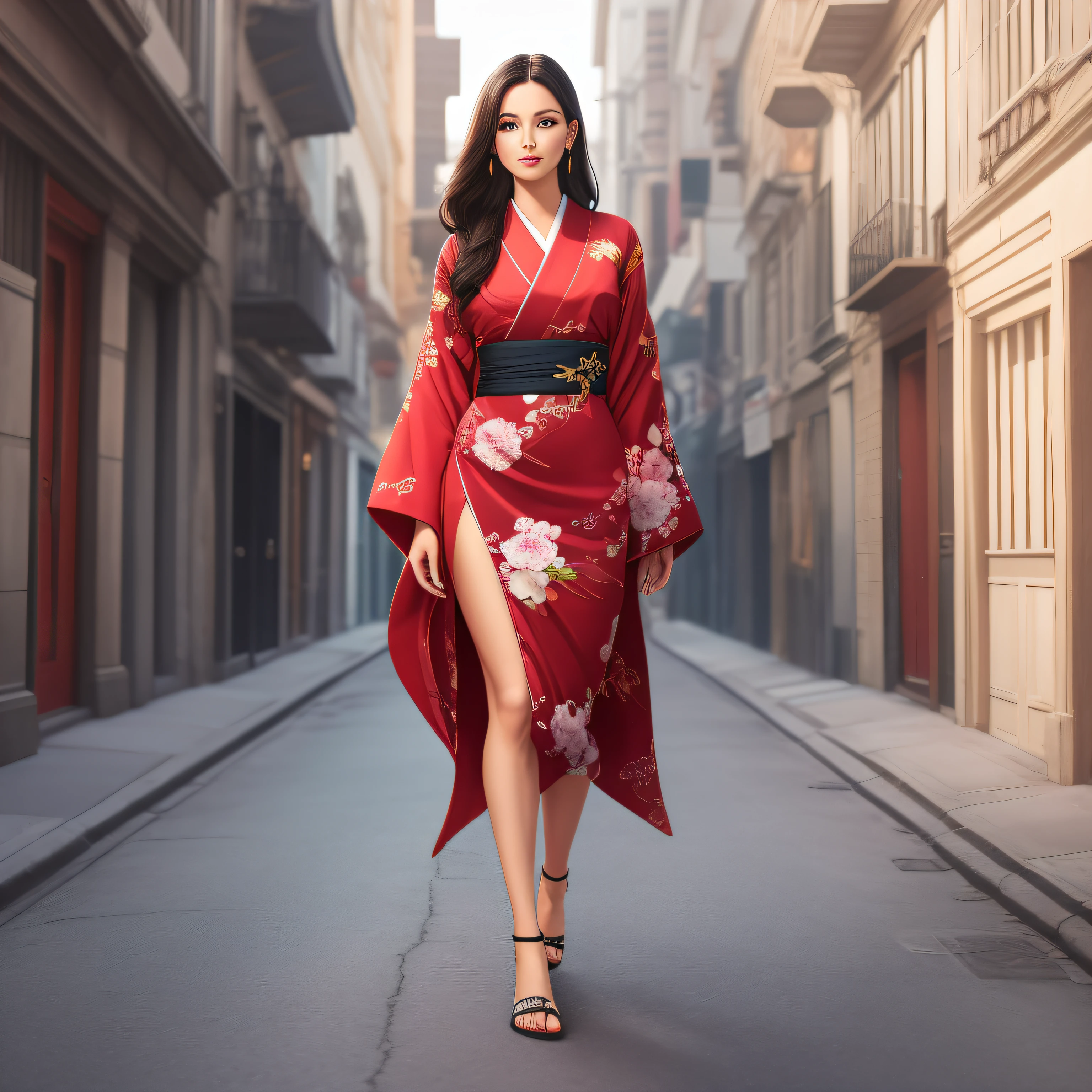 Ultra realistic full body photo of a Caucasian woman, perfect detailed face, perfect eyes, perfect nose, perfect mouth, black hair, standing, wearing an elegant oversized modern kimono style dress in red color, covering the whole body, perfect body, proportionate body, perfect hands, perfect legs, perfect feet, modern city background, lighting, 8k, (((body must be fully covered)))