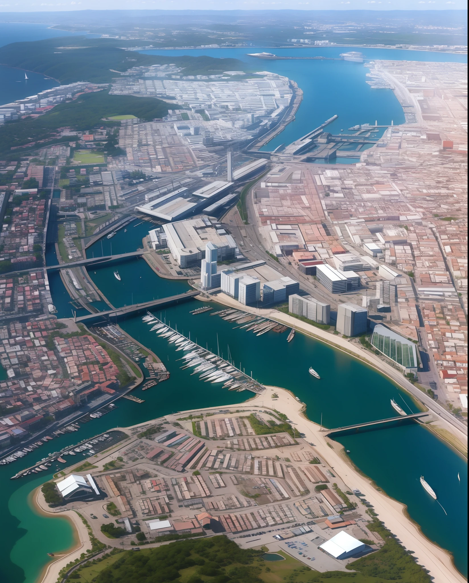 Aerial view of a Great Coastal City, cortada por dois rios, with large sky scratches in the center, an industrial area, Port area, A historic center with nineteenth-century British architecture, Dense urbanization, colinas verdejantes e com floresta