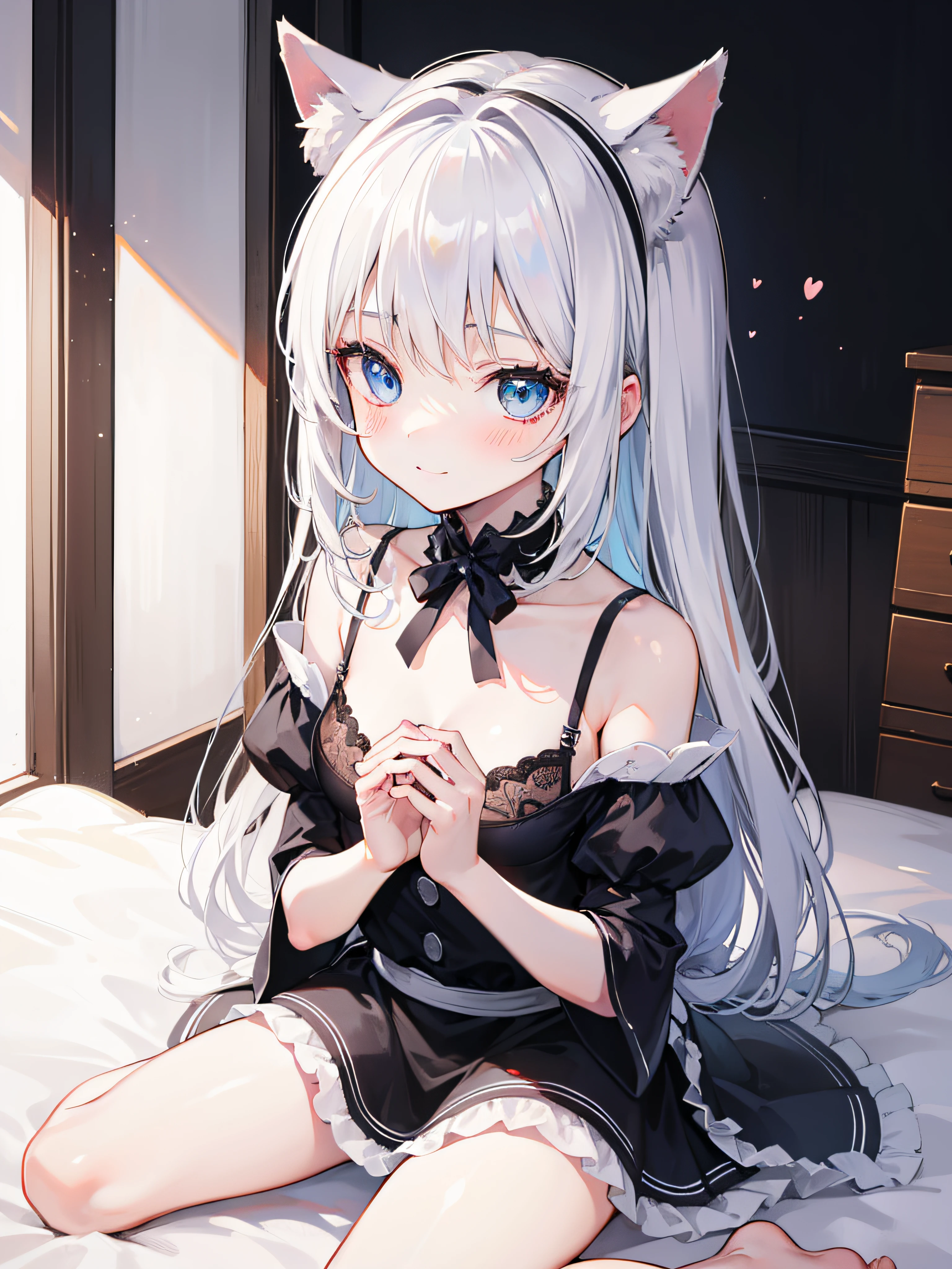 best quality, ultra precision, one girl, blue eyes, white hair, young, loli, cute, maid, blush, natural smile, teenager, cat's ears, small breasts, look up at you, cleavage, pure, obedience, sitting, sit gracefully, shy, on bed, scrounge, affectionate, like a younger sister, sexy, nsfw, seduce, bare breasts, hands bra, lower breasts, hide breasts with hands, off shoulder